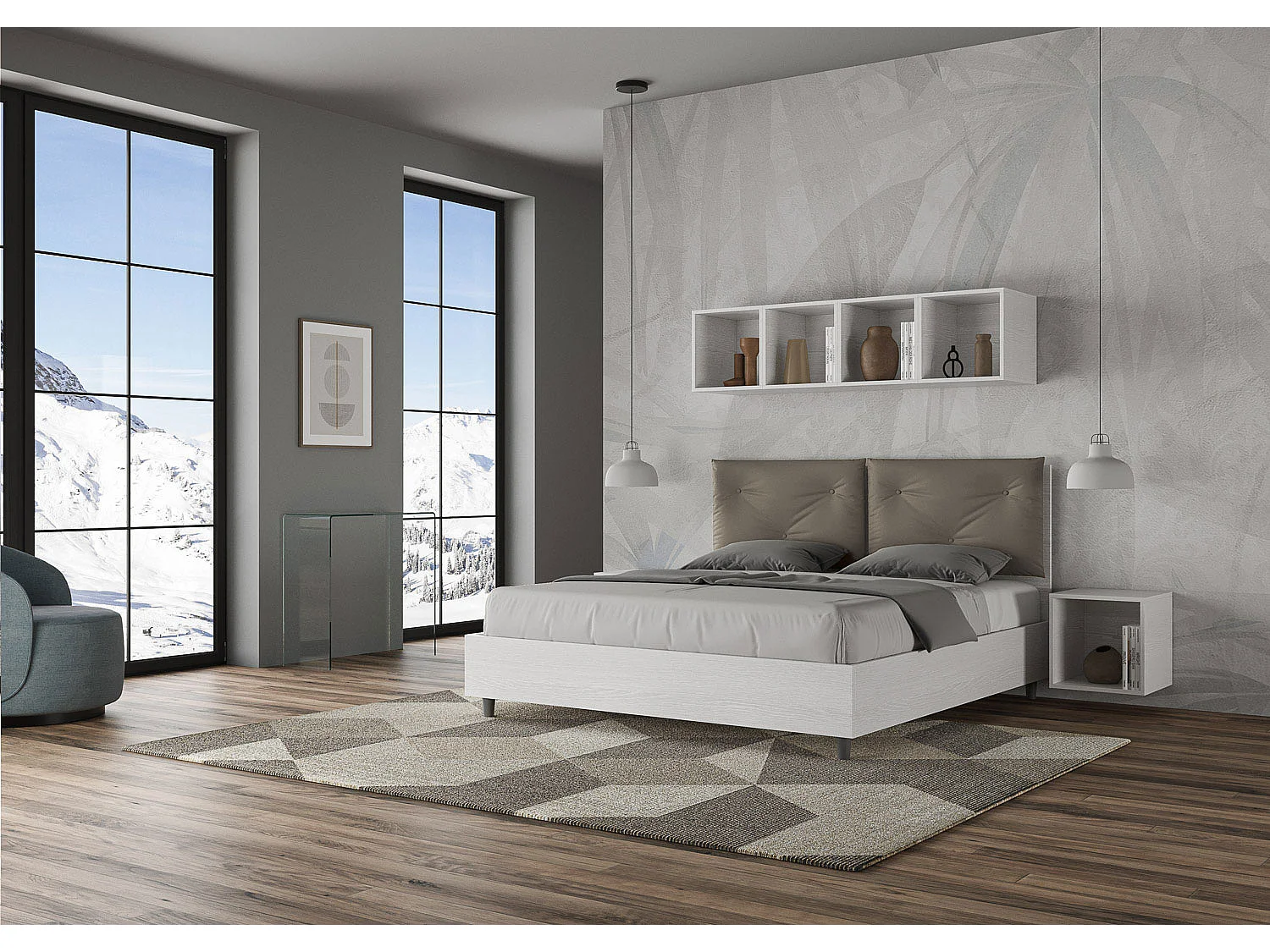 Cama doble con contenedor elevado 160x200 fresno blanco Cojines símil piel Cappuccino Egos Appia