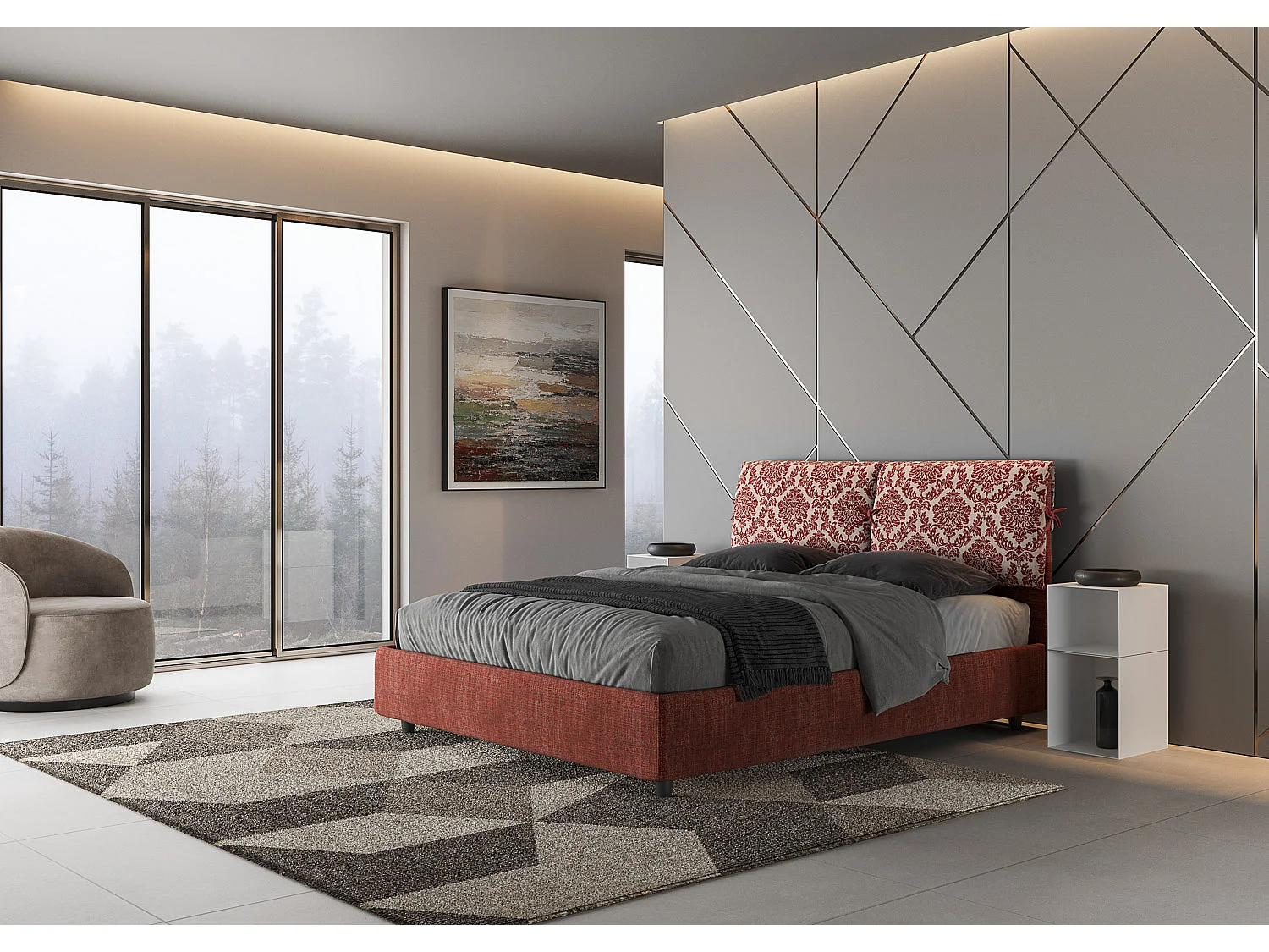 Letto contenitore doppia alzata imbottito 160x190 tessuto Agata 4 bordeaux Mados