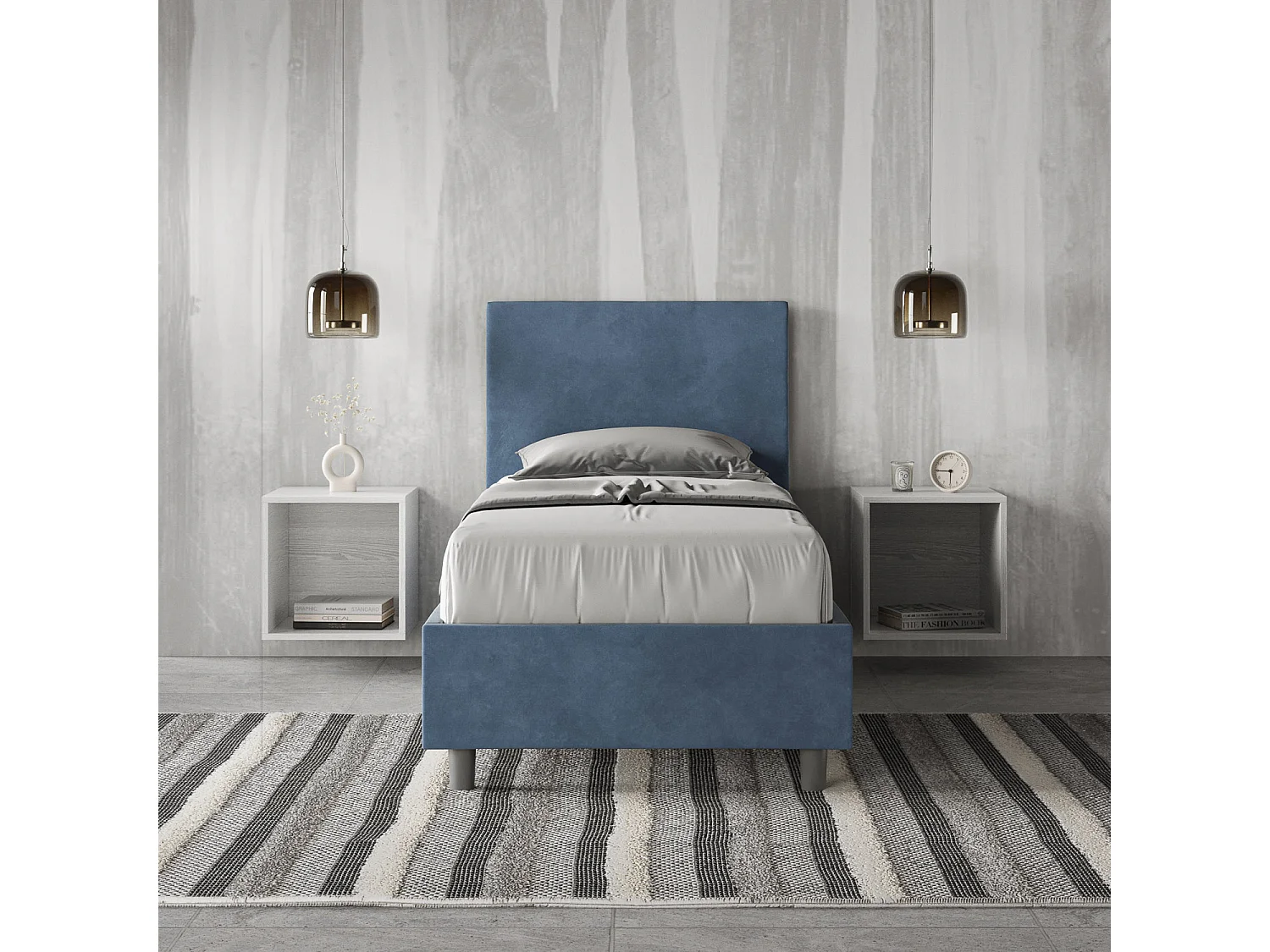 Cama contenedor tapizada de microfibra Adele azul 90x190