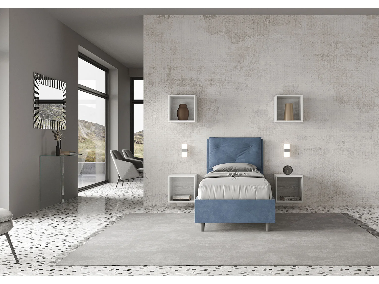 Lit coffre capitonné 80x200 Appia microfibre bleu