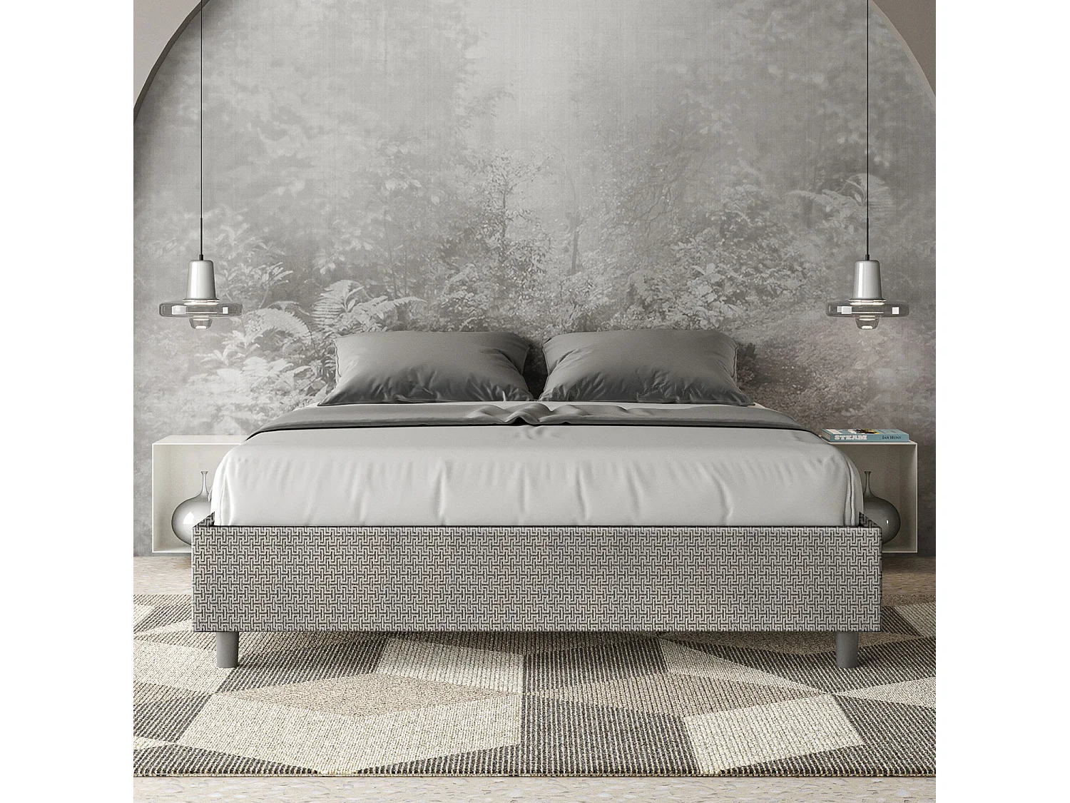 Letto contenitore doppia alzata imbottito 160x210 tessuto Labirinto 02 grigio Azelia