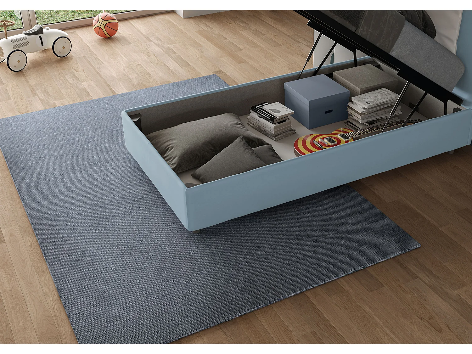 Letto Sommier contenitore imbottito 80x190 microfibra azzurro Azelia