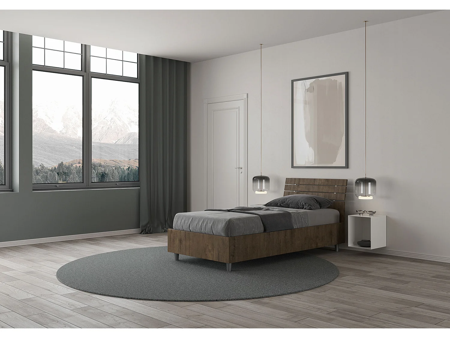 Lit coffre 80x200 avec tête de lit inclinée à lattes en noyer Ankel