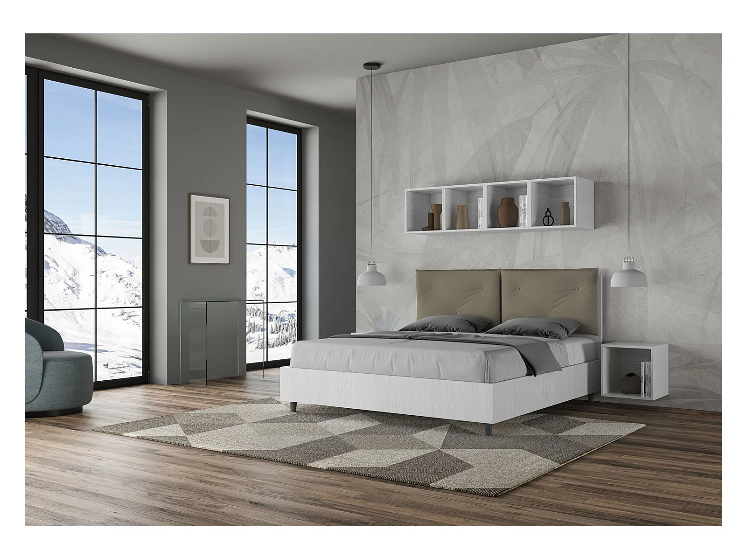 Lit double avec rangement, double relevage, 160x190 cm, bois de frêne blanc, coussins en simili cuir, cappuccino Egos Appia