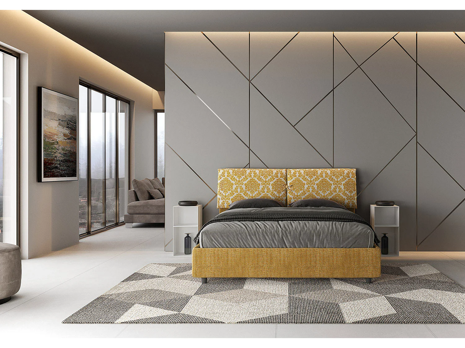 Lit coffre double capitonné 160x190 en tissu Agata 3 Mados jaune