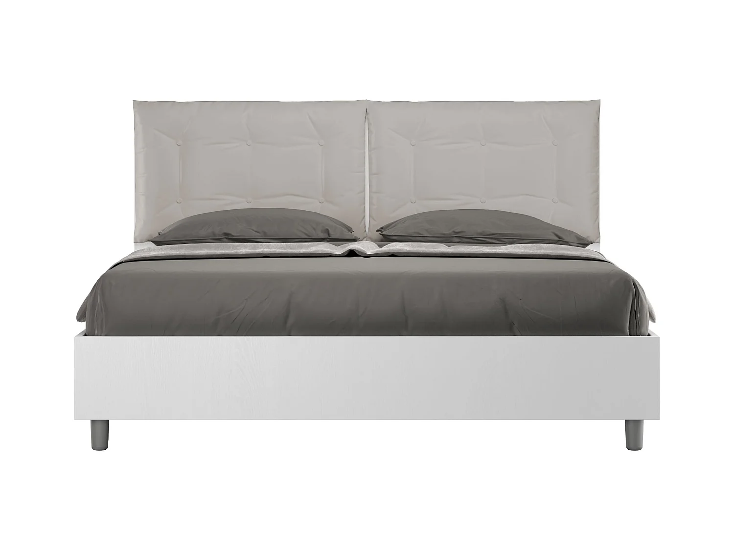 Lit double avec rangement, double relevable, 160x200 cm, bois de frêne blanc, coussins en simili cuir gris tourterelle, Egos Annalisa