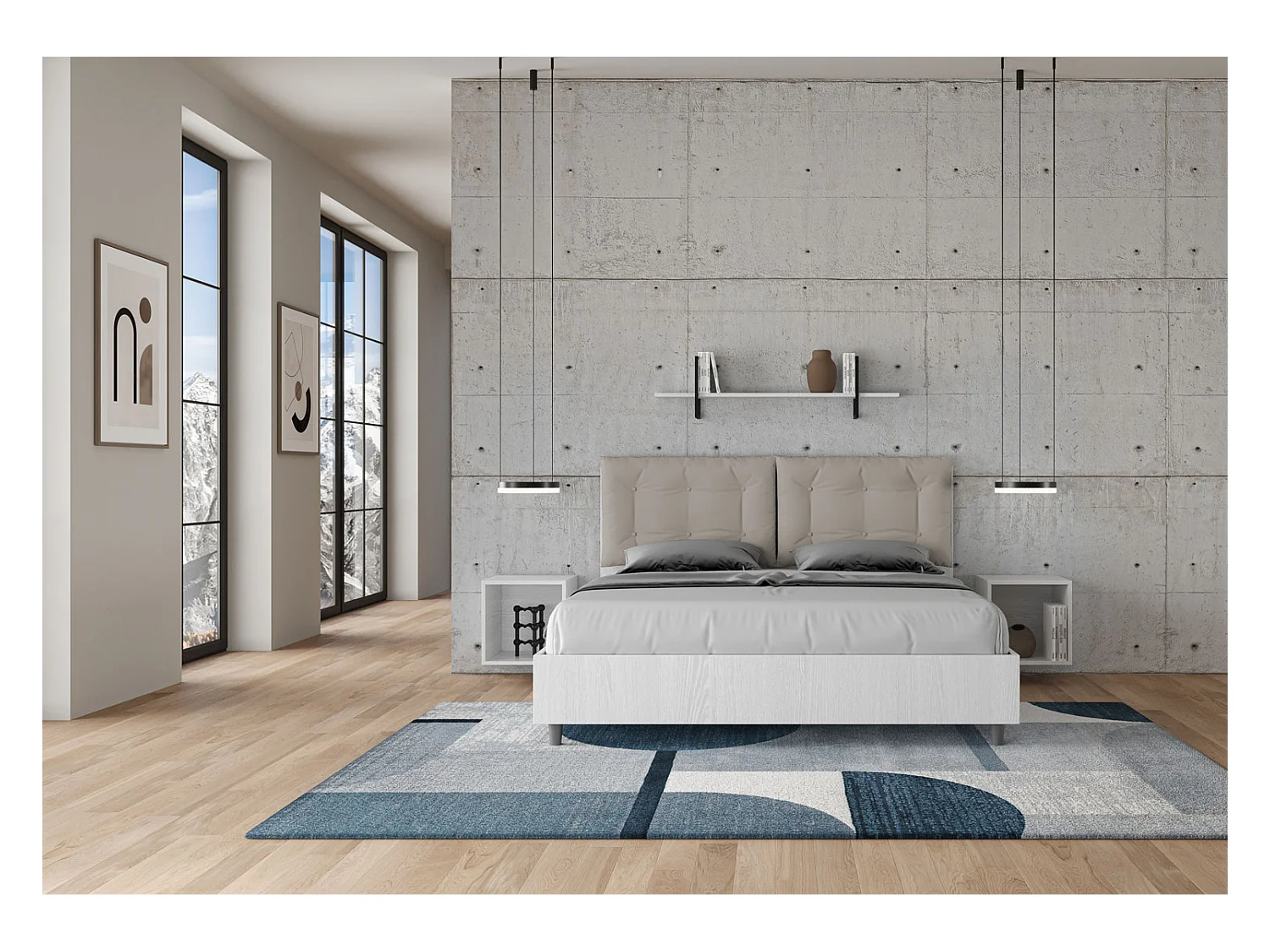 Doppelbett mit Stauraum, Doppellift, 160x200 cm, weißes Eschenholz, taubengraue Kunstlederkissen, Egos Annalisa
