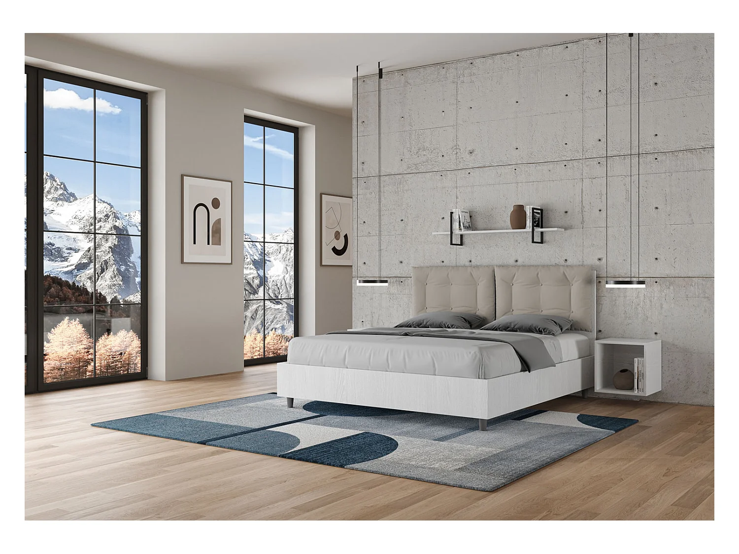Doppelbett mit Stauraum, Doppellift, 160x200 cm, weißes Eschenholz, taubengraue Kunstlederkissen, Egos Annalisa