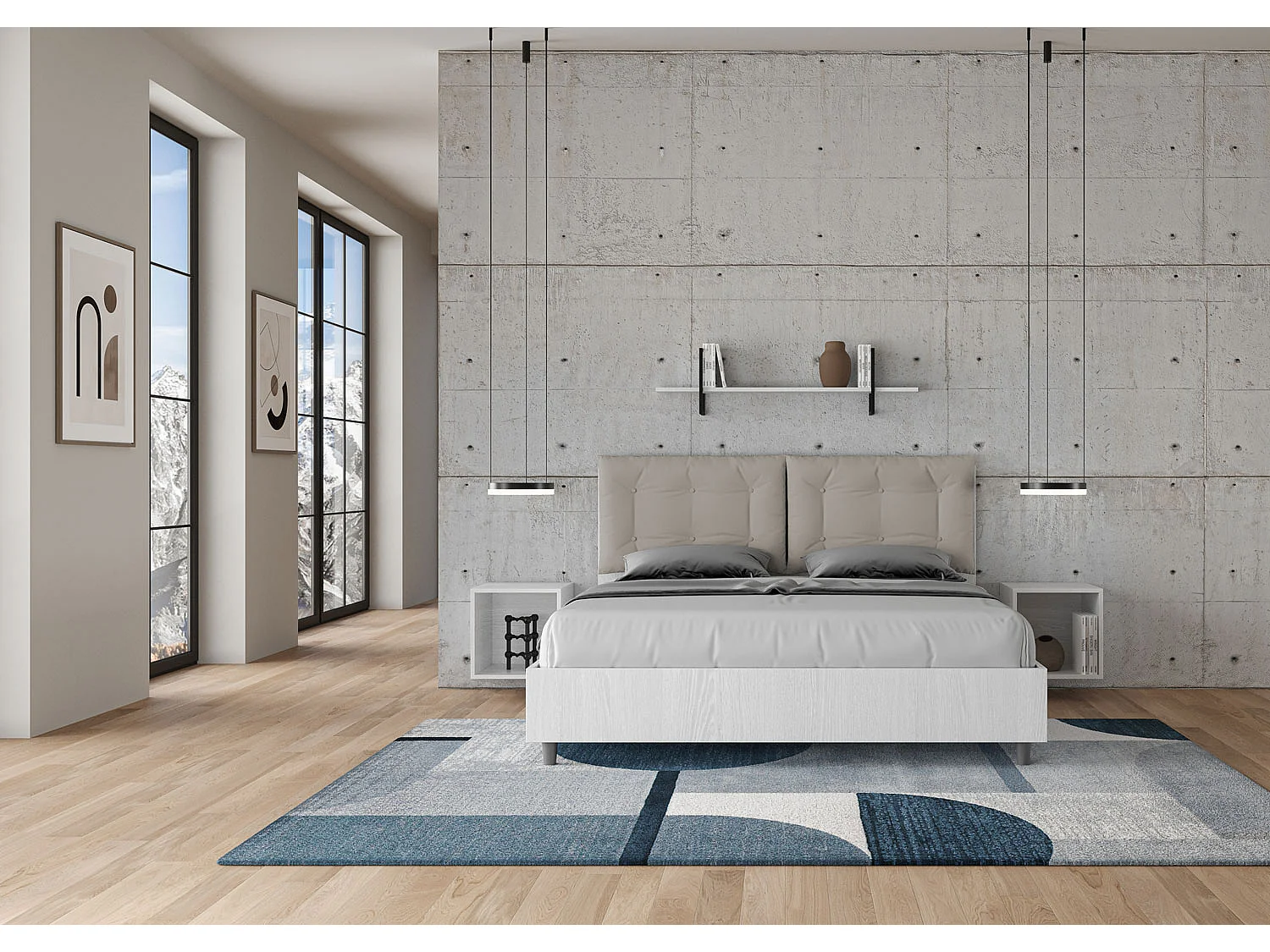 Lit double avec rangement, double relevable, 160x200 cm, bois de frêne blanc, coussins en simili cuir gris tourterelle, Egos Annalisa