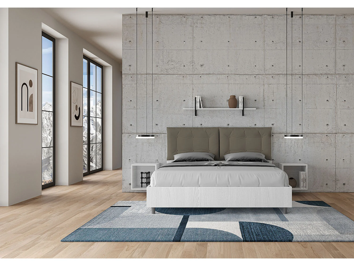 Letto matrimoniale contenitore doppia alzata 160x200 bianco frassino cuscini similpelle cappuccino Egos Annalisa