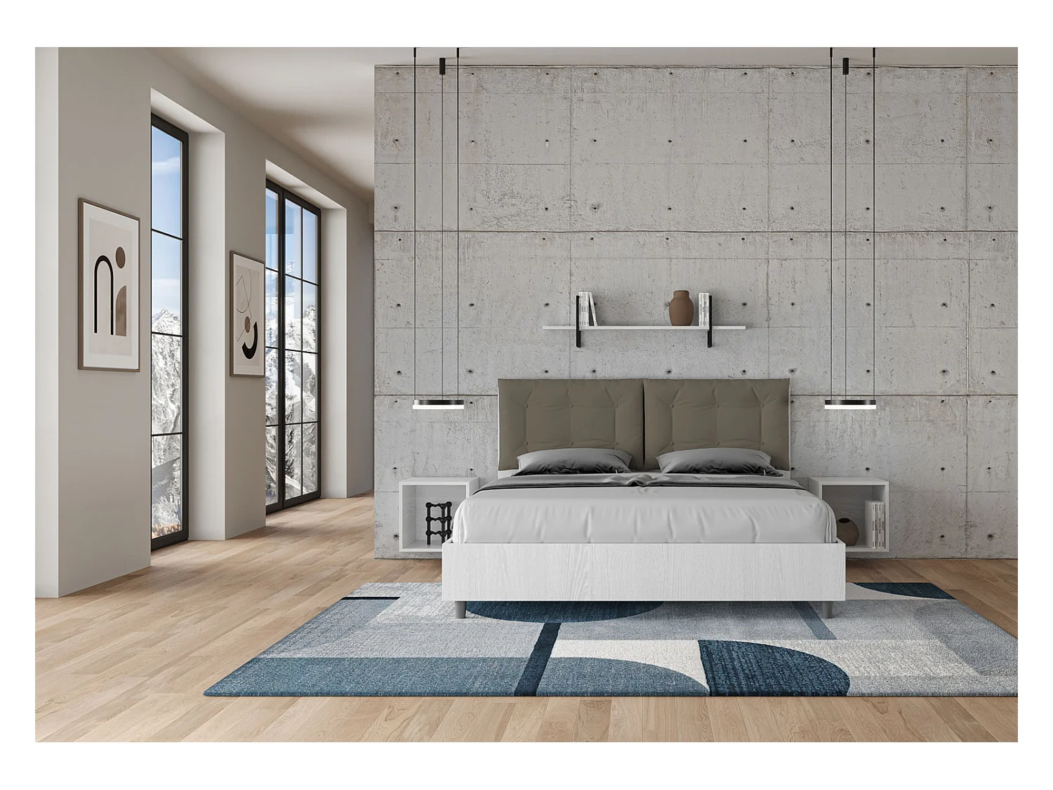 Doppelbett mit Stauraum, Doppellift, 160x200 cm, weißes Eschenholz, cappuccinofarbene Kunstlederkissen, Egos Annalisa