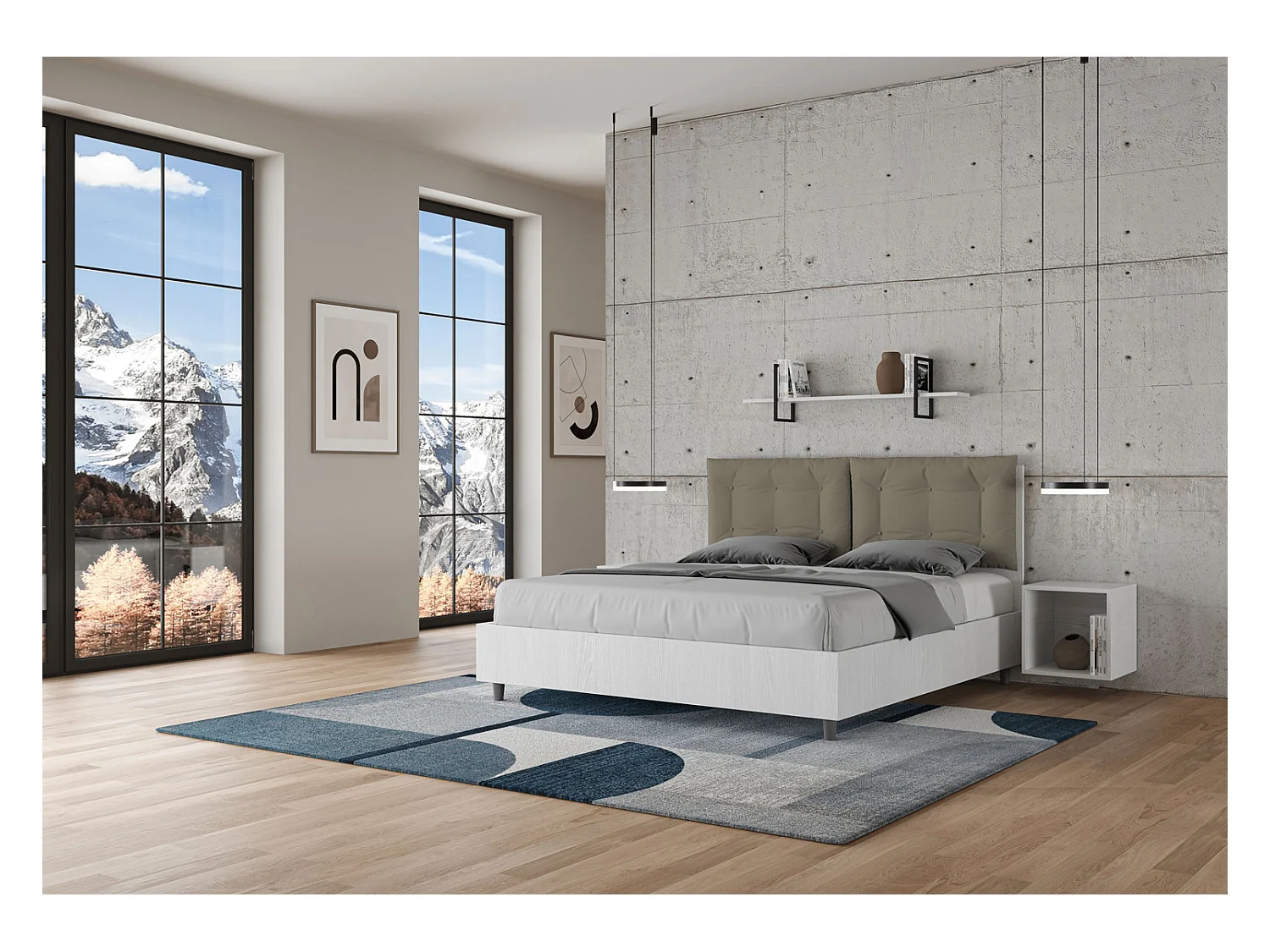 Doppelbett mit Stauraum, Doppellift, 160x200 cm, weißes Eschenholz, cappuccinofarbene Kunstlederkissen, Egos Annalisa
