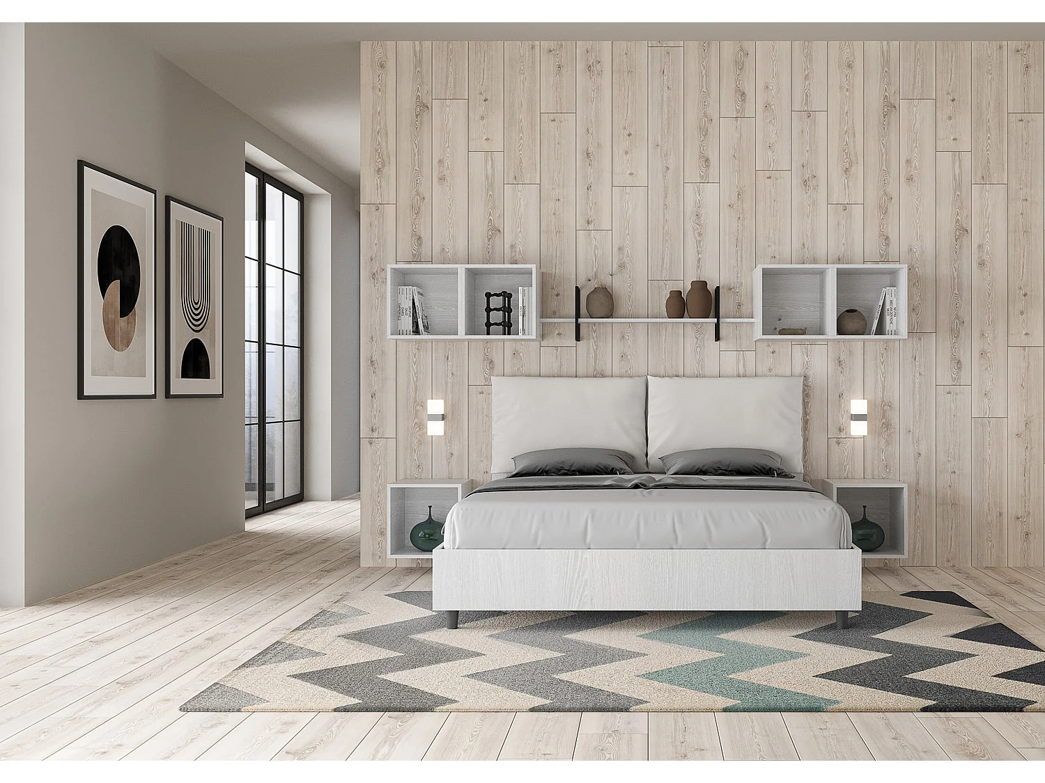 Lit double avec rangement, double relevable, 160x190 cm, bois de frêne blanc, coussins simili cuir blanc, Egos Antea