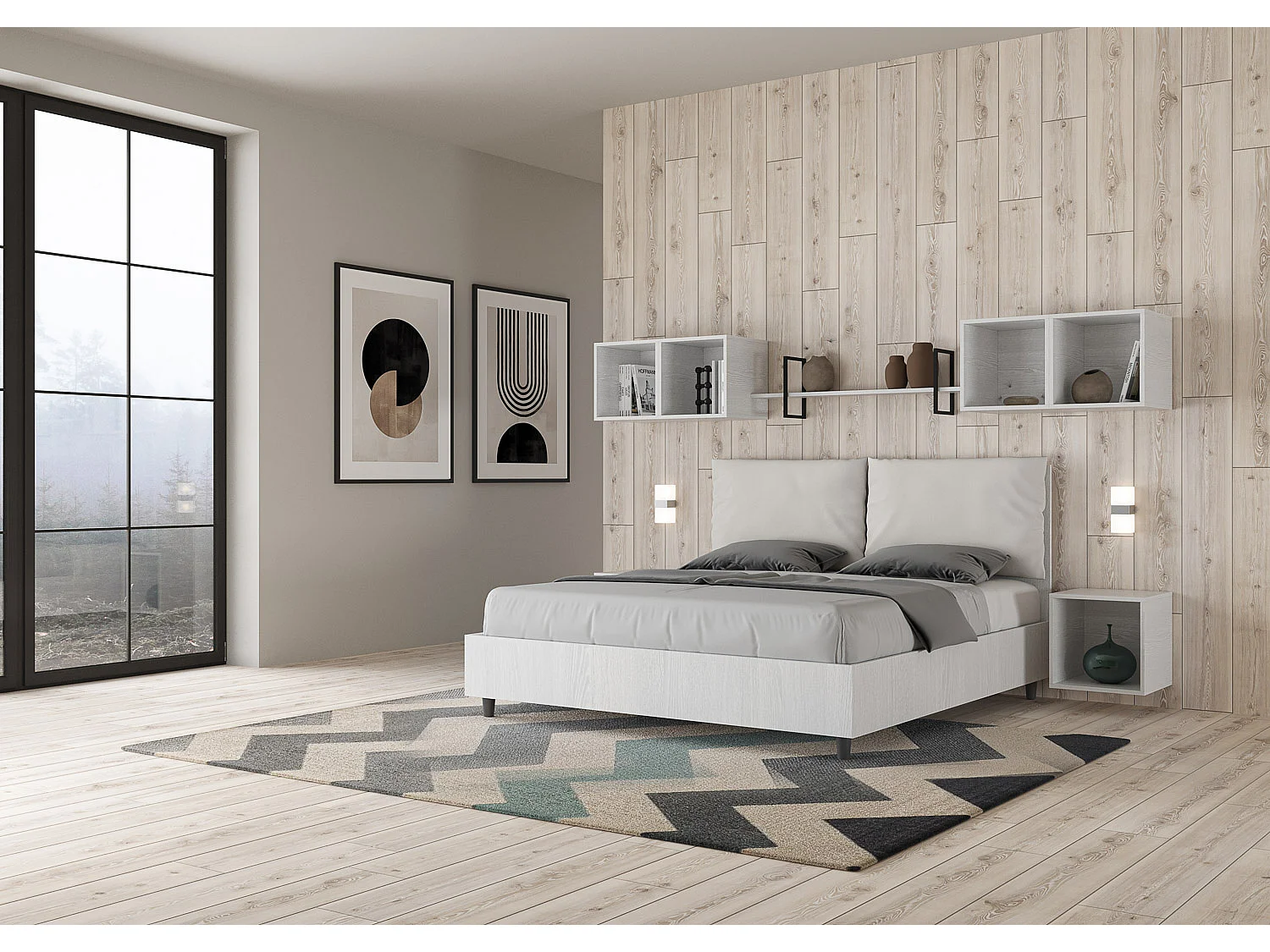 Lit double avec rangement, double relevable, 160x190 cm, bois de frêne blanc, coussins simili cuir blanc, Egos Antea