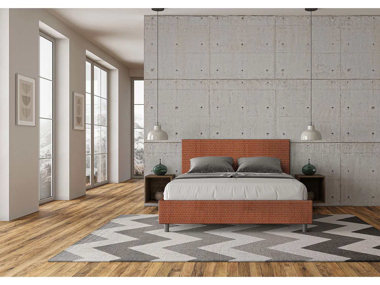 Letto contenitore doppia alzata imbottito 160x200 tessuto Labirinto 04 arancio Adele