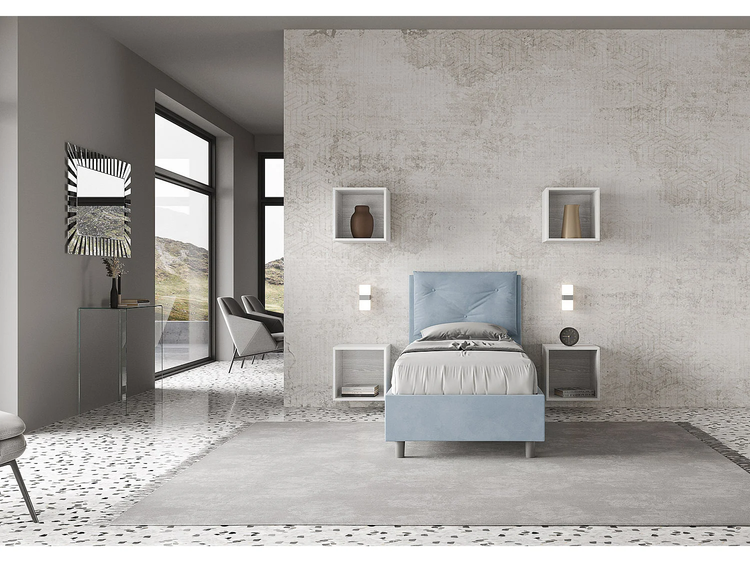 Lit coffre rembourré microfibre Appia bleu clair 90x200