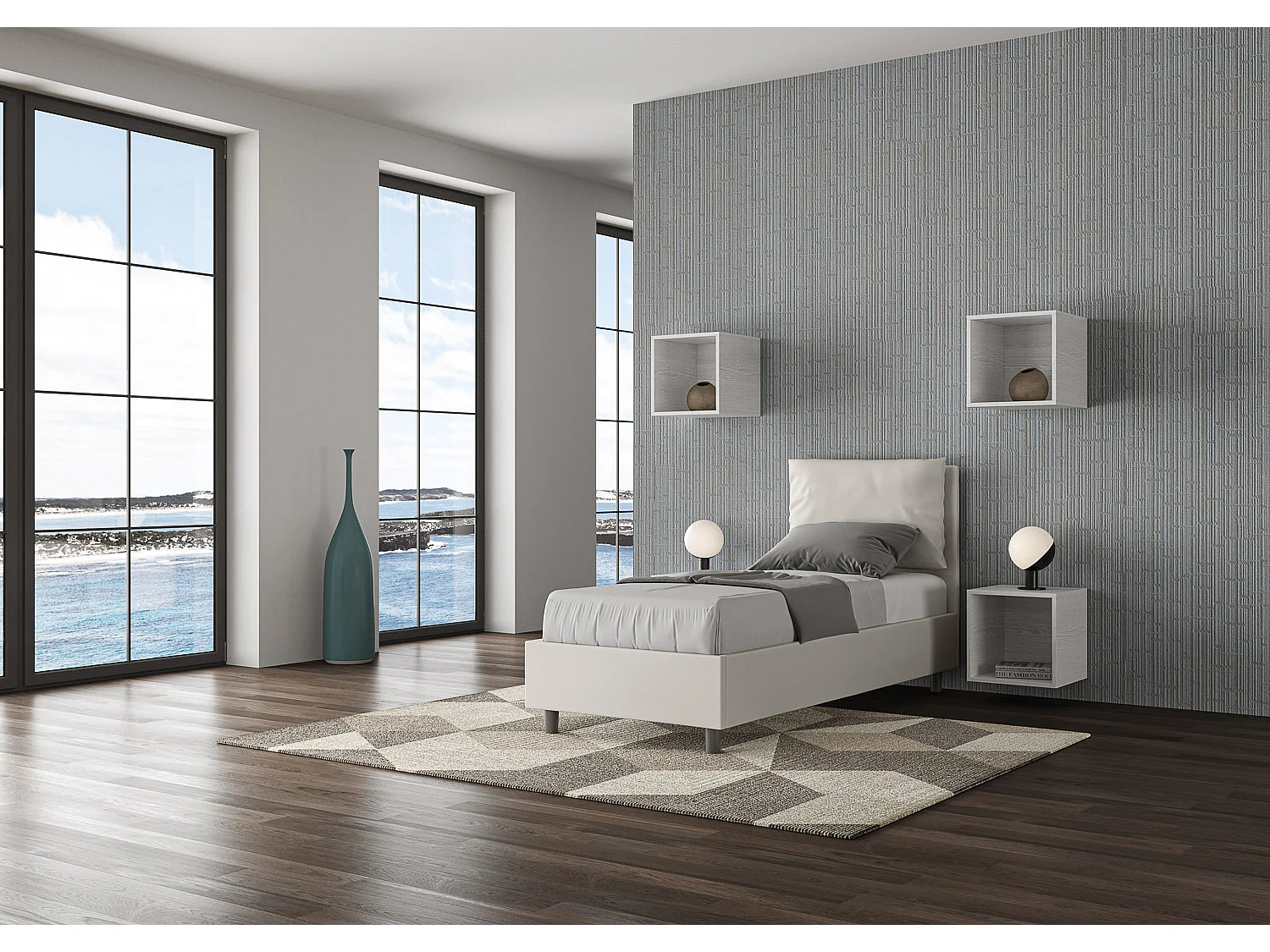 Cama contenedor tapizada símil piel blanca Antea 80x200