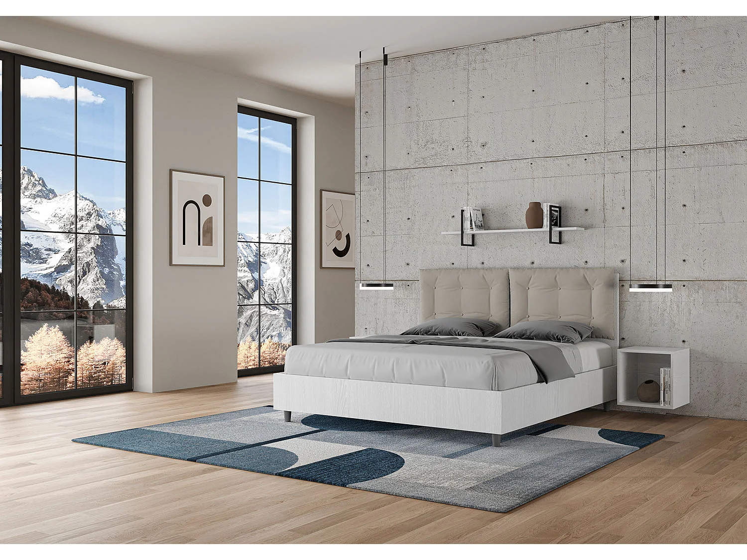 Lit double avec rangement, double relevable, 160x190 cm, bois de frêne blanc, coussins en simili cuir gris tourterelle, Egos Annalisa