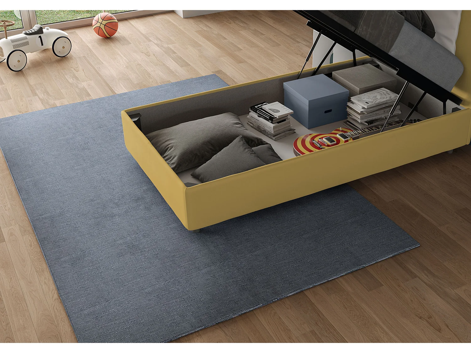 Letto Sommier contenitore imbottito 80x190 microfibra ocra Azelia