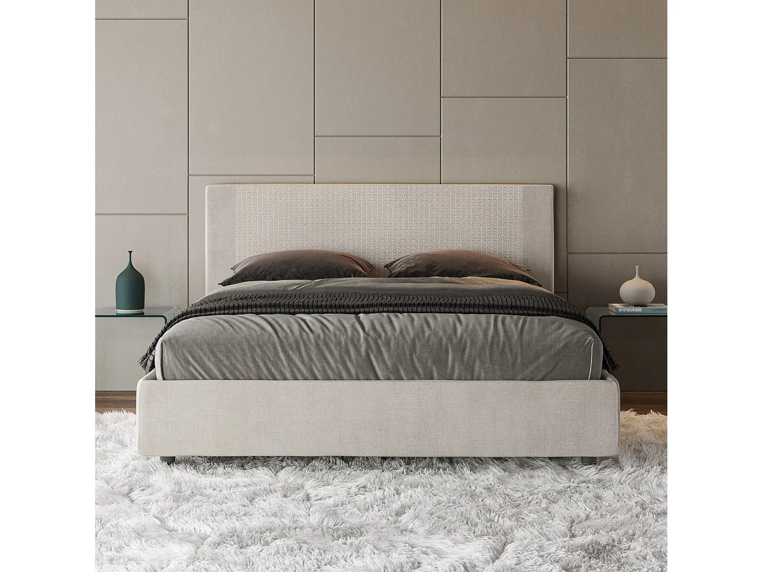 Lit coffre double capitonné 160x200 tissu Labirinto 01 blanc Rosal