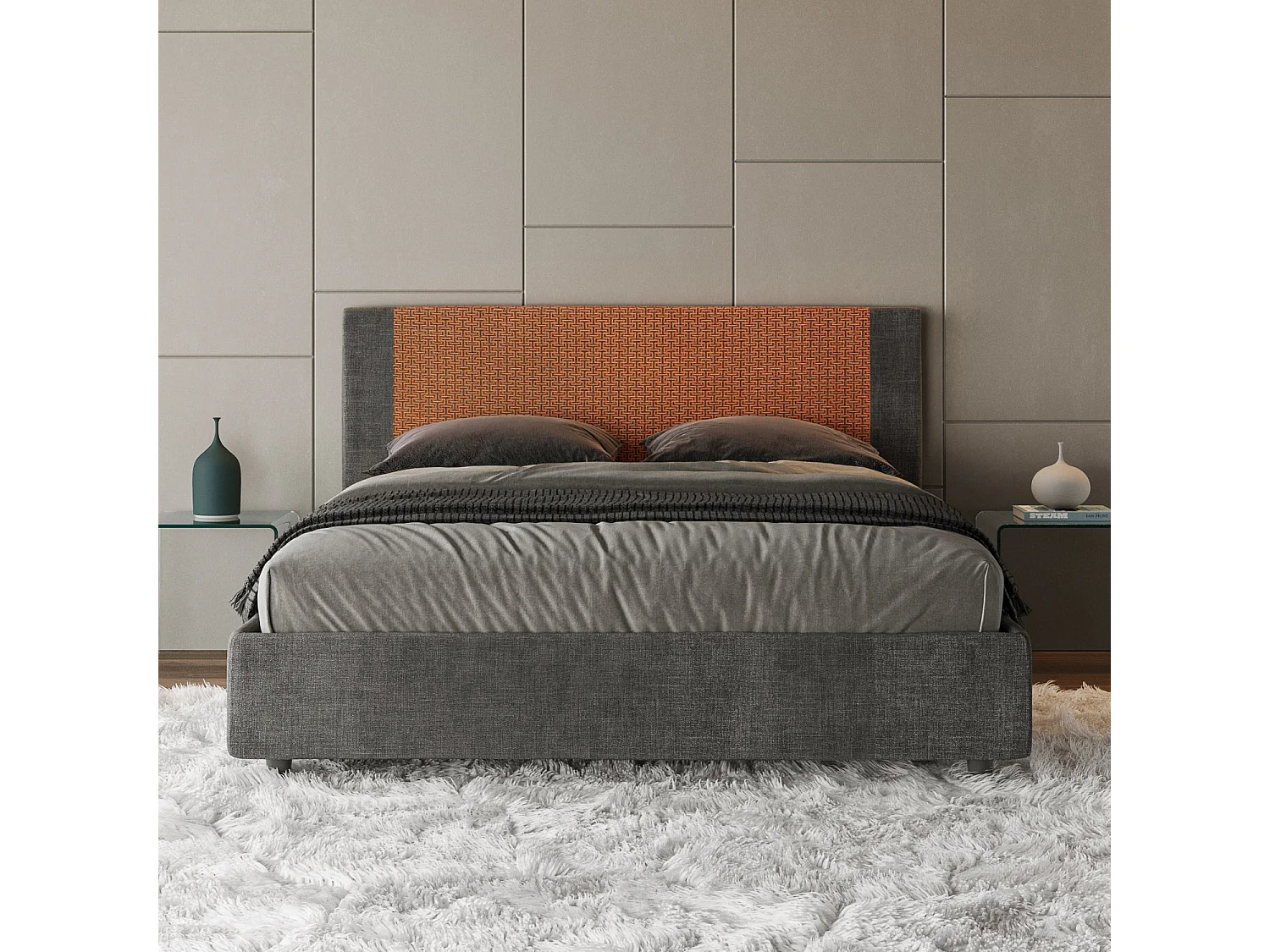 Lit coffre double capitonné 160x190 Labirinto 04 tissu Rosal orange