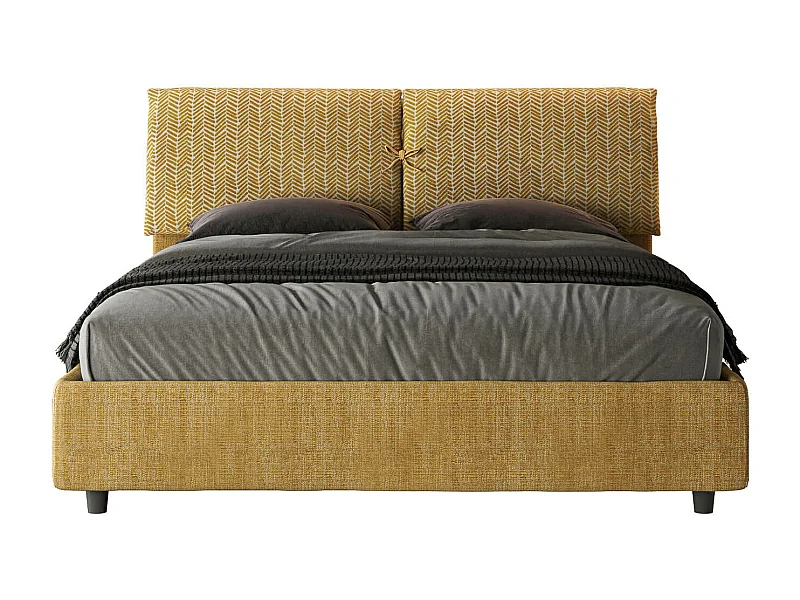 Lit coffre double capitonné 160x190 Aragona 3 tissu Mados jaune