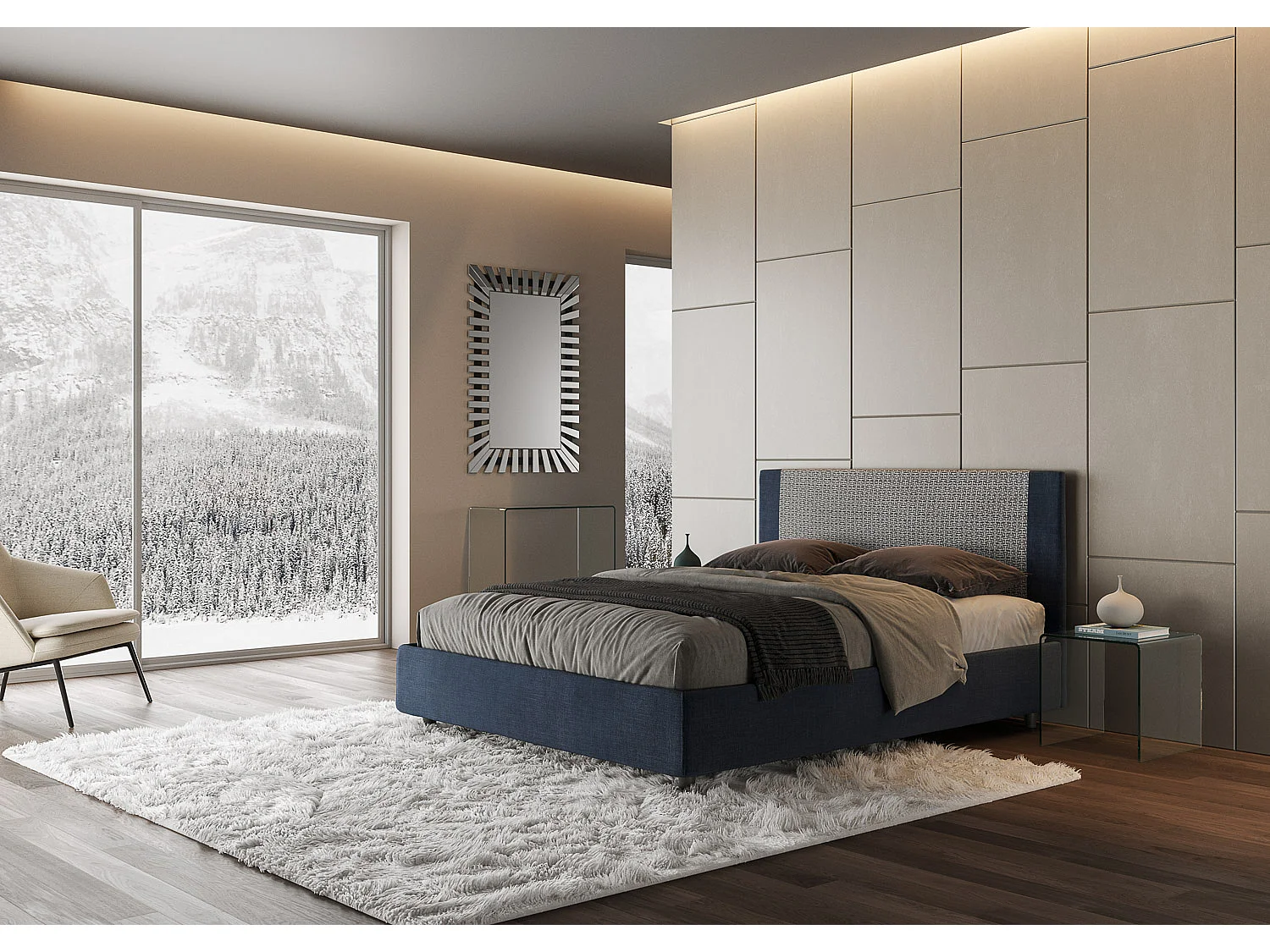 Cama dupla estofada com arrumação 160x210 tecido Labirinto 09 azul Rosal