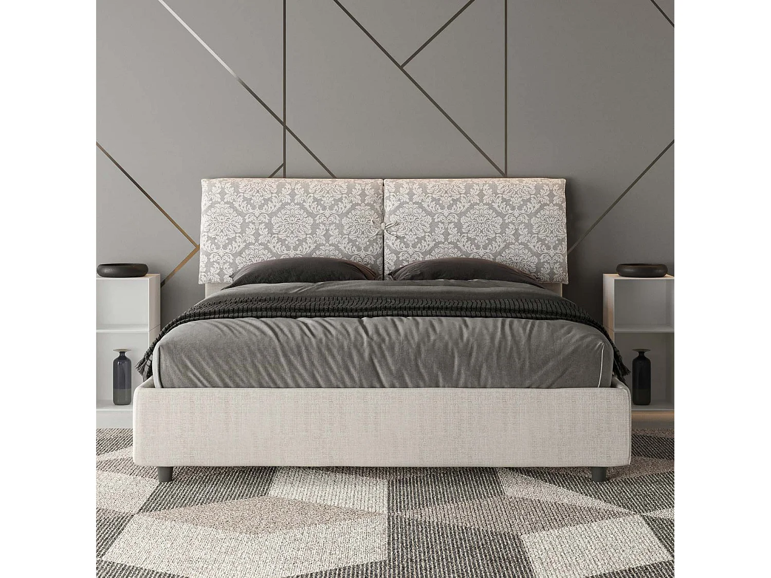 Letto contenitore doppia alzata imbottito 160x210 tessuto Agata 1 bianco Mados