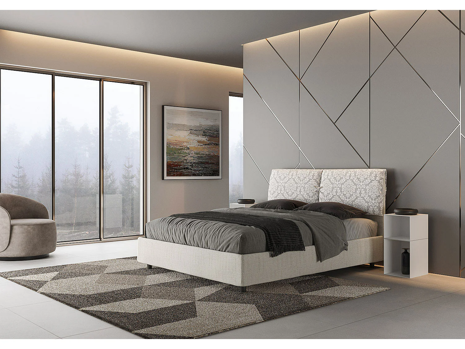 Letto contenitore doppia alzata imbottito 160x210 tessuto Agata 1 bianco Mados