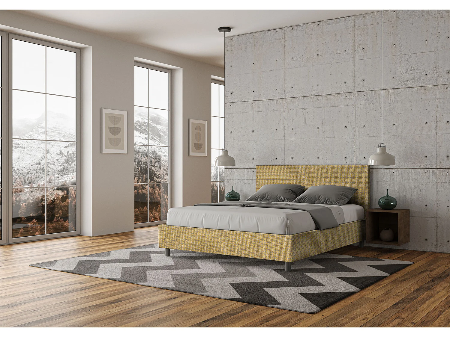 Cama dupla estofada com arrumação 160x210 Labirinto 06 tecido Adele amarelo