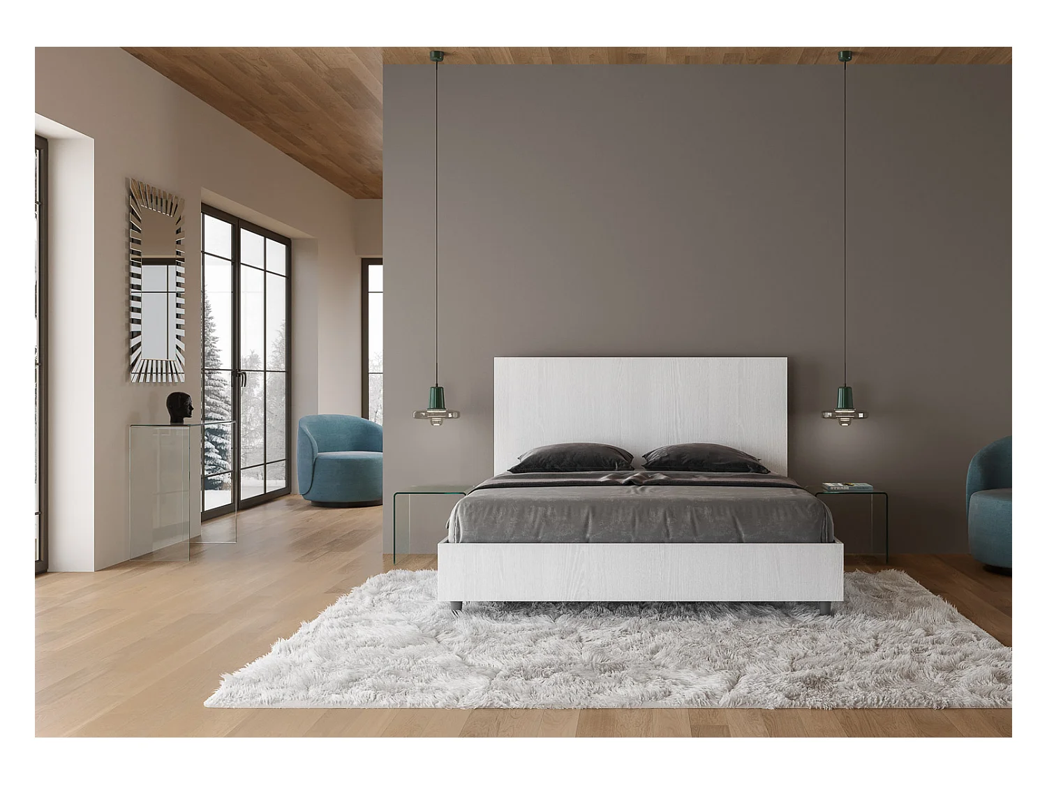 Lit double avec rangement, double relevable, 160x200 cm, frêne blanc, New Egos