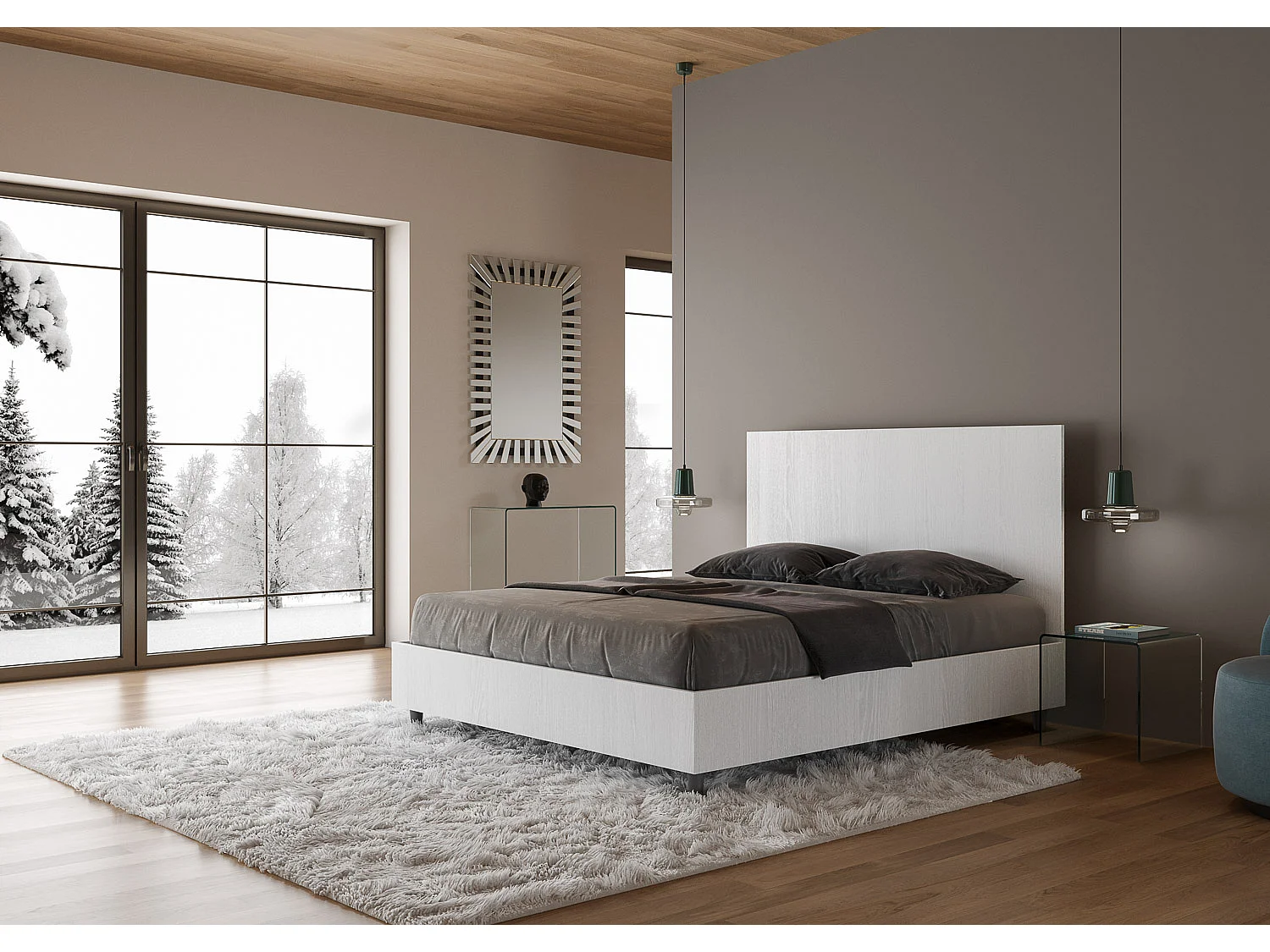 Lit double avec rangement, double relevable, 160x200 cm, frêne blanc, New Egos