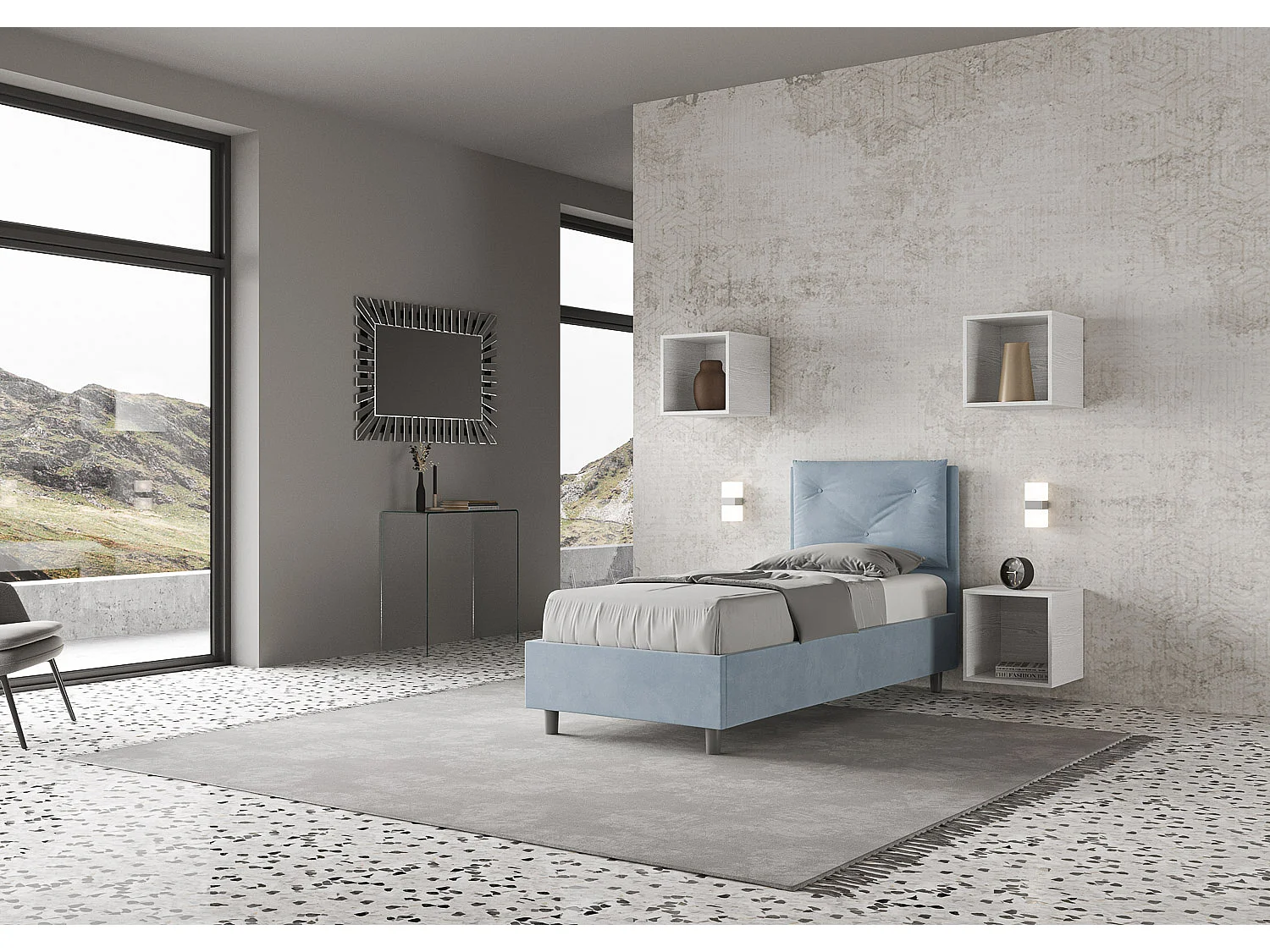 Cama contenedor acolchada de microfibra Appia azul claro 80x210