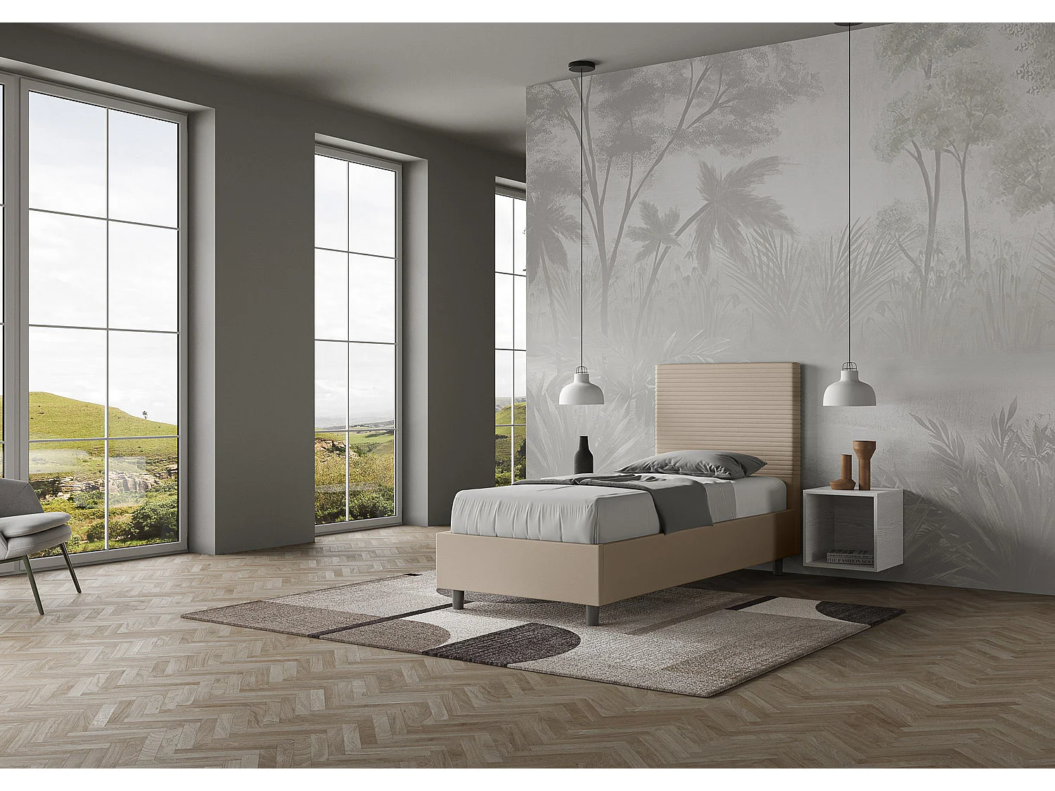 Lit coffre capitonné simili cuir gris tourterelle Focus 80x200