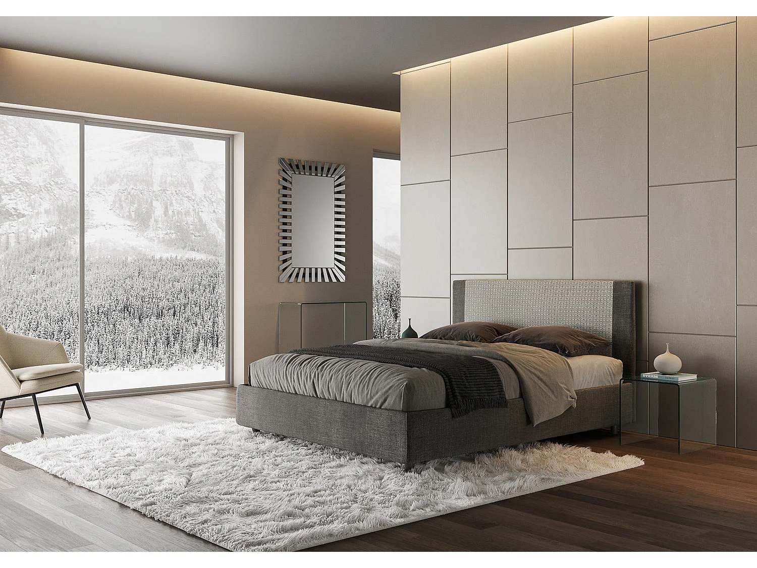 Letto contenitore doppia alzata imbottito 160x200 tessuto Labirinto 02 grigio Rosal