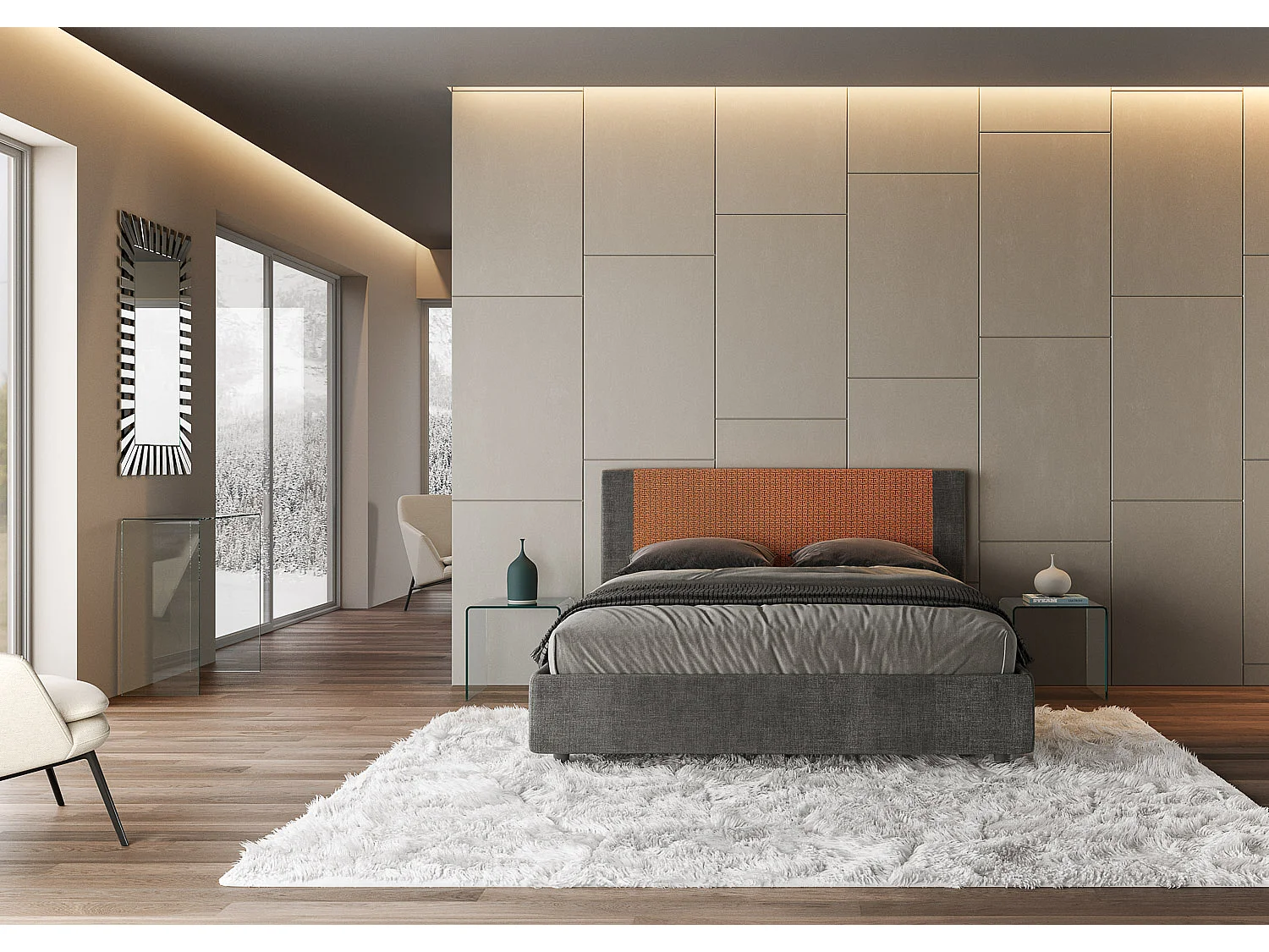 Cama contenedor doble tapizada 160x210 Labirinto 04 tela naranja Rosal