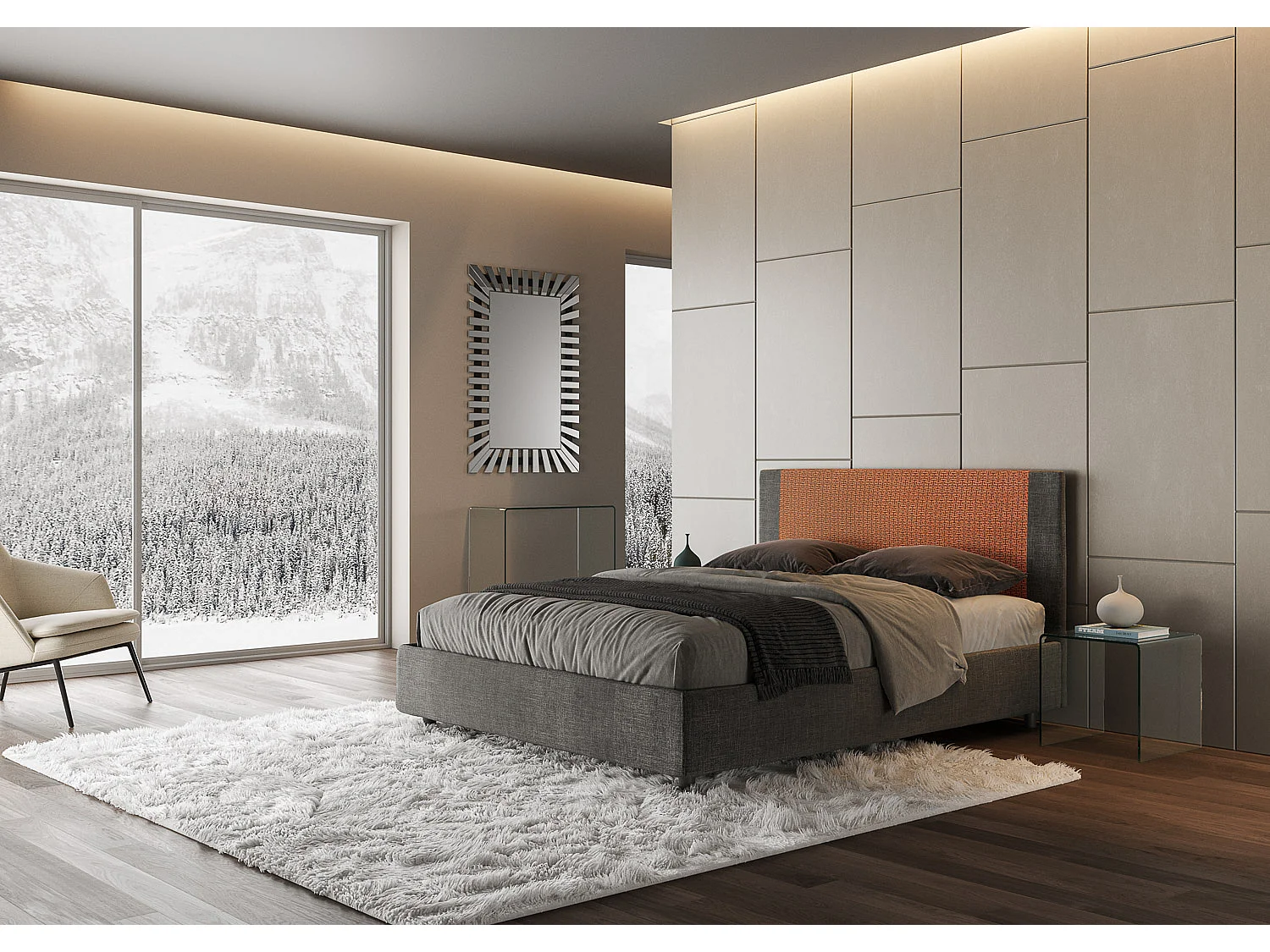 Cama contenedor doble tapizada 160x210 Labirinto 04 tela naranja Rosal