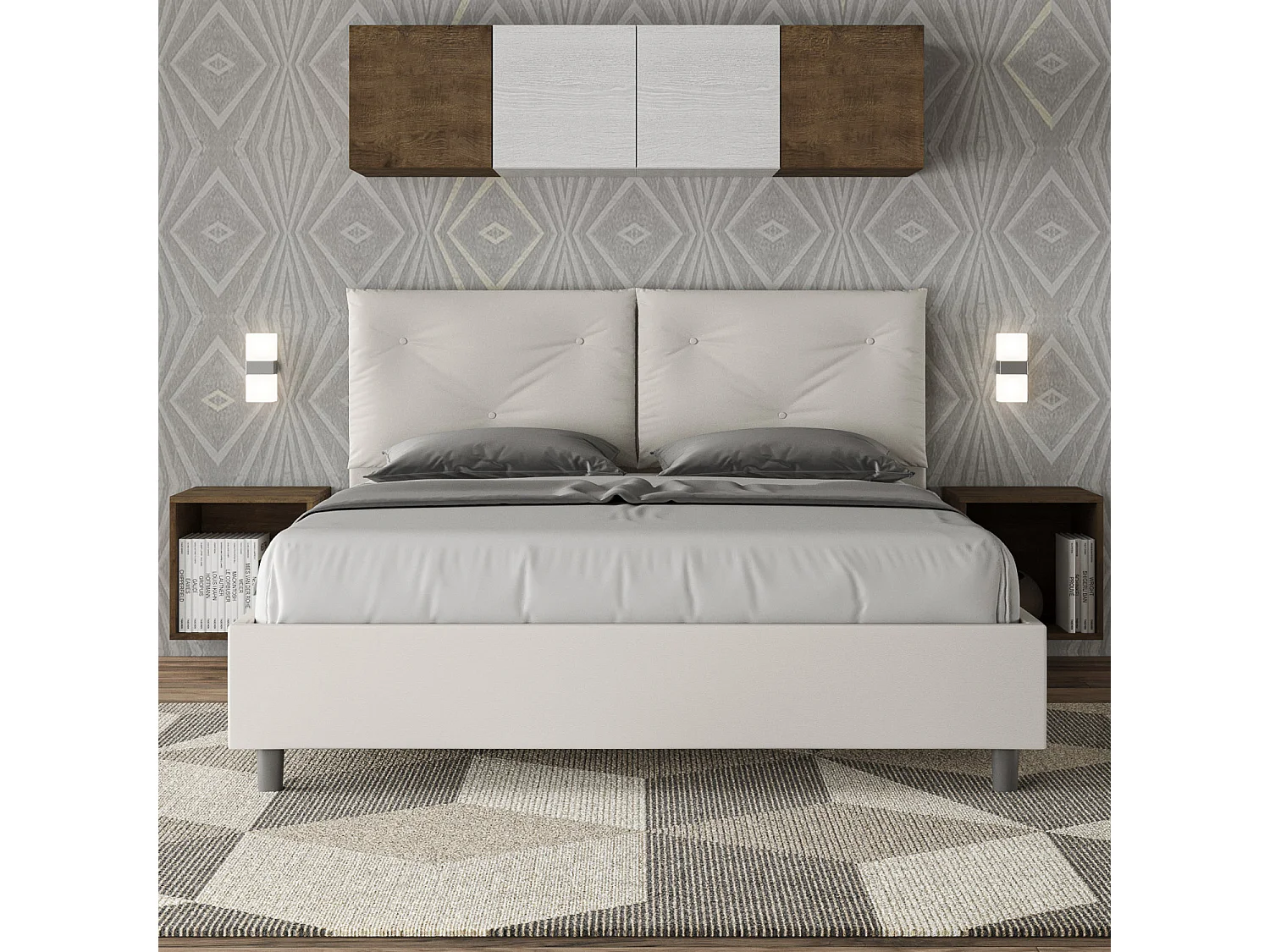 Letto contenitore doppia alzata imbottito 160x200 similpelle bianco Appia