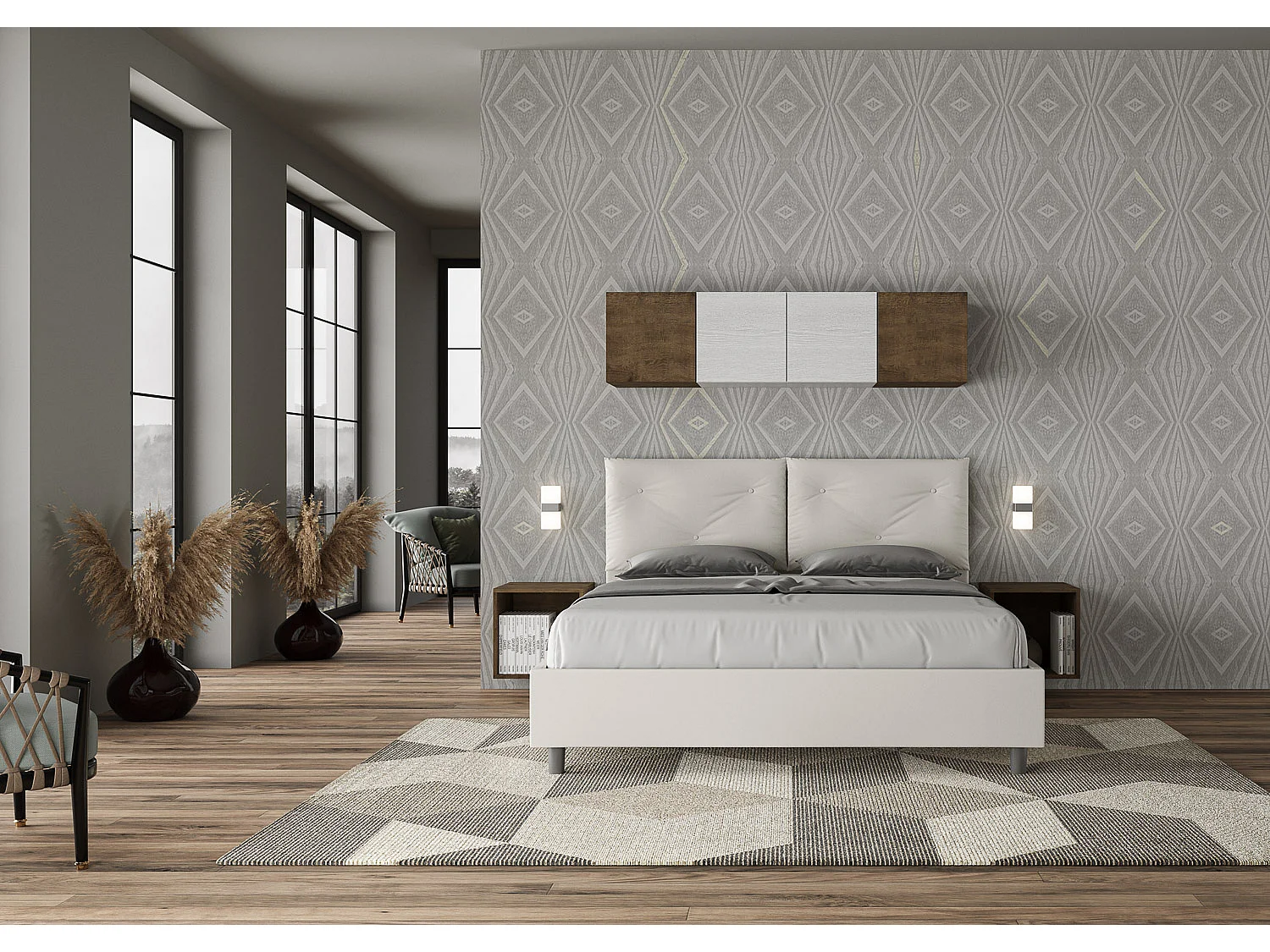 Cama dupla estofada com arrumação 160x200 Appia couro sintético branco