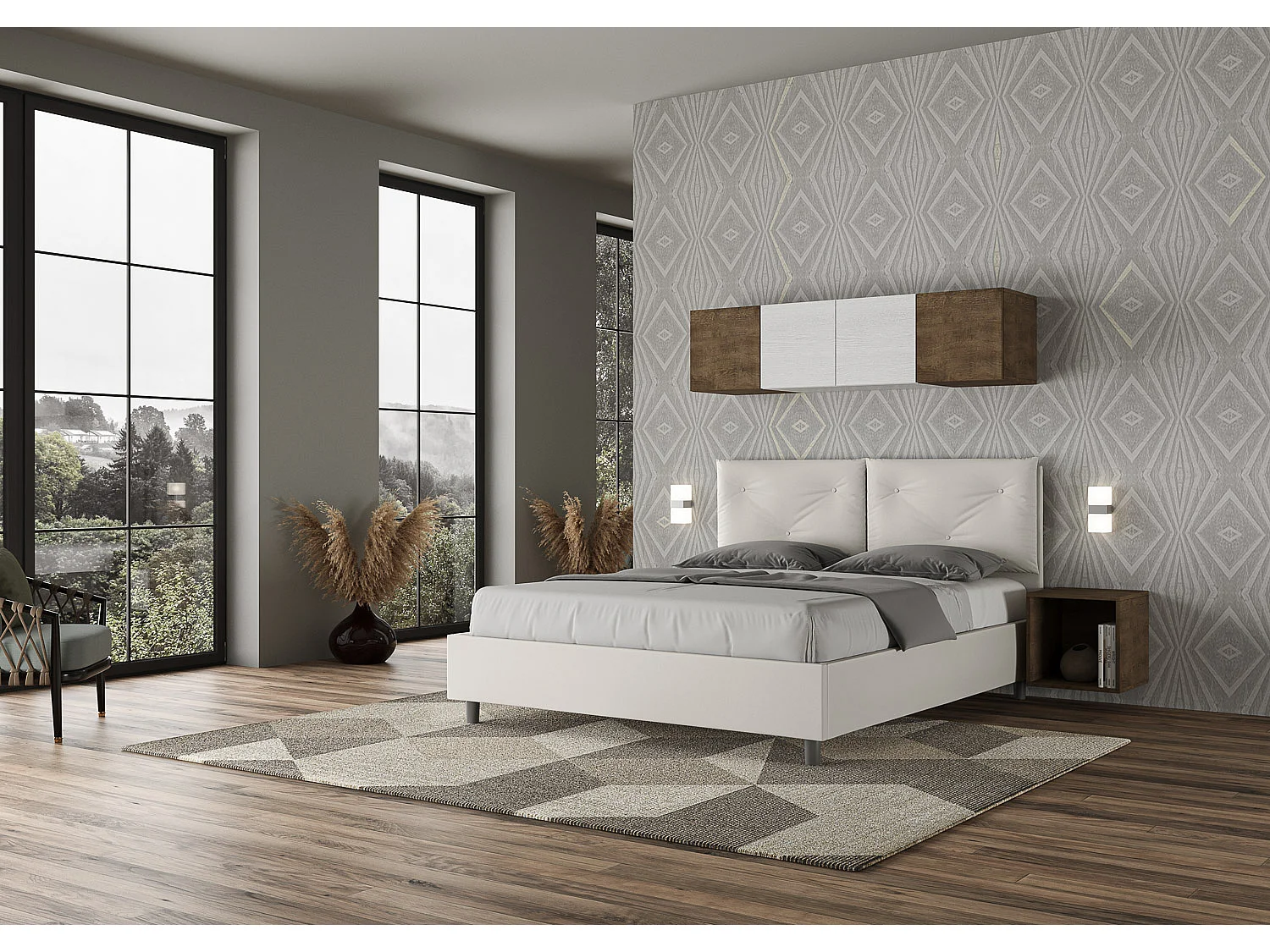 Cama dupla estofada com arrumação 160x200 Appia couro sintético branco