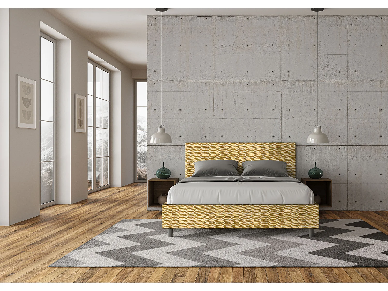 Cama dupla estofada com arrumação 160x210 tecido Aragona 3 amarelo Adele