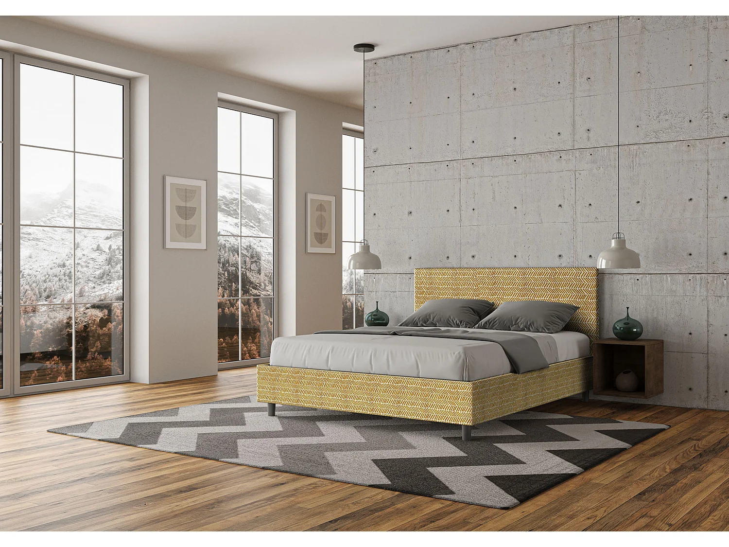 Cama dupla estofada com arrumação 160x210 tecido Aragona 3 amarelo Adele