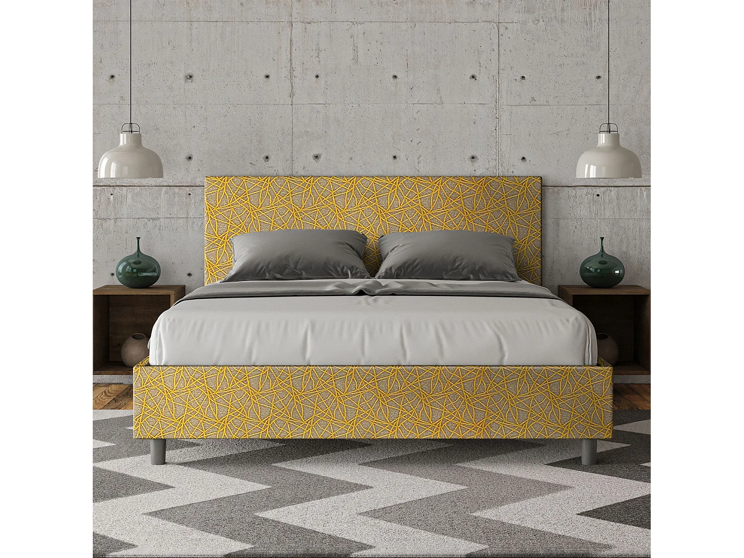 Cama dupla estofada 160x200 em tecido Adele amarelo Era 06