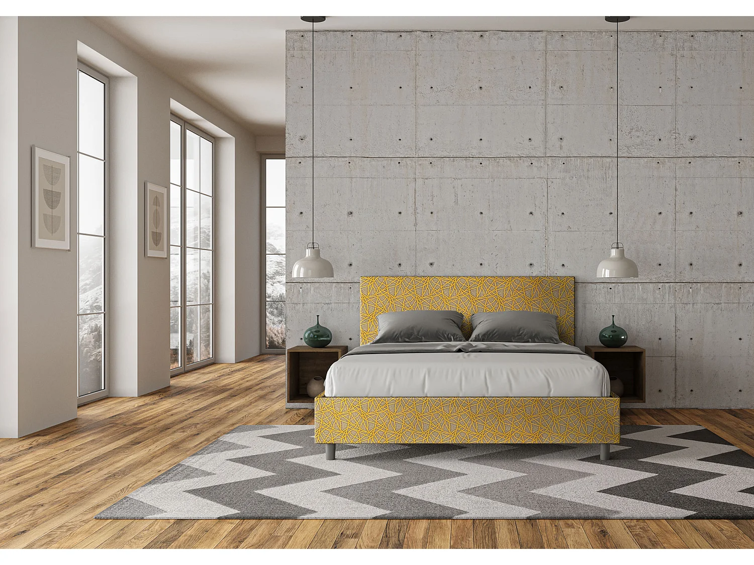 Cama dupla estofada 160x200 em tecido Adele amarelo Era 06