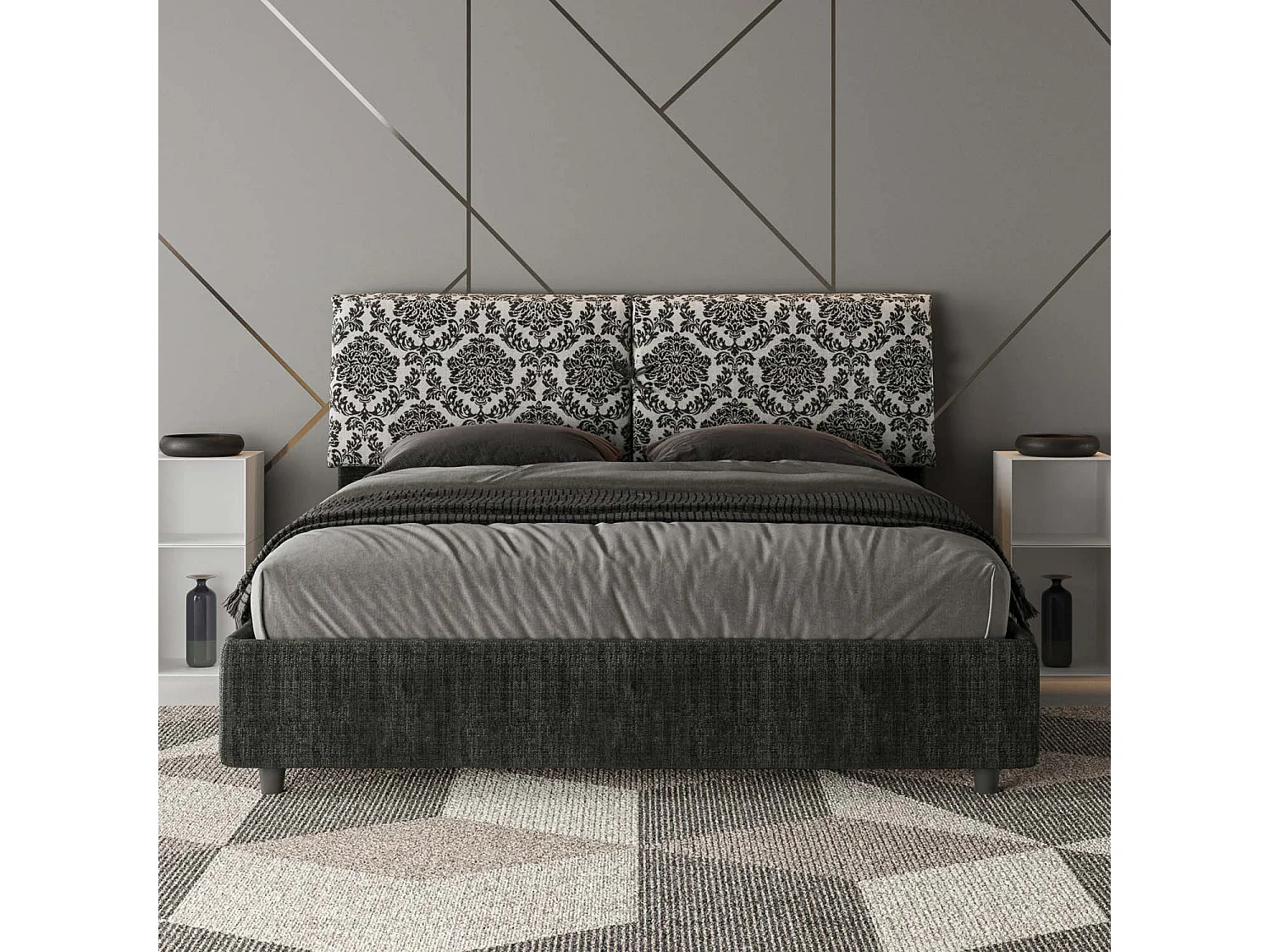 Cama contenedor doble tapizada 160x190 en tela Agata 8 azul Mados