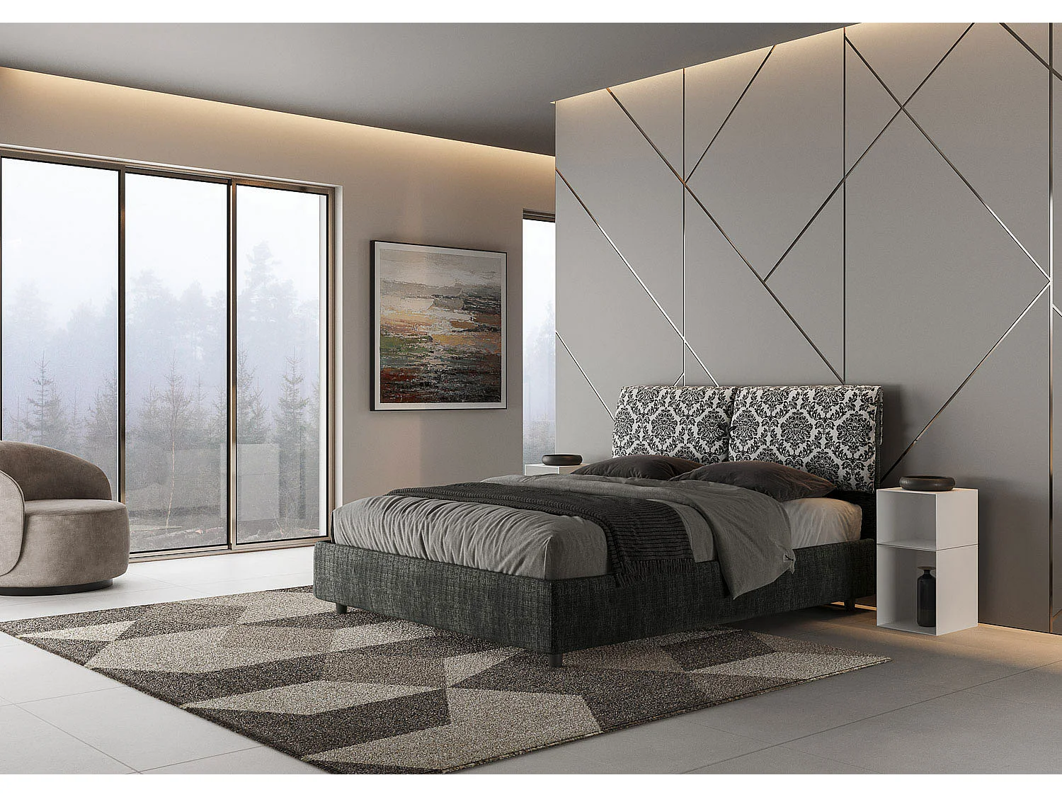 Cama contenedor doble tapizada 160x190 en tela Agata 8 azul Mados