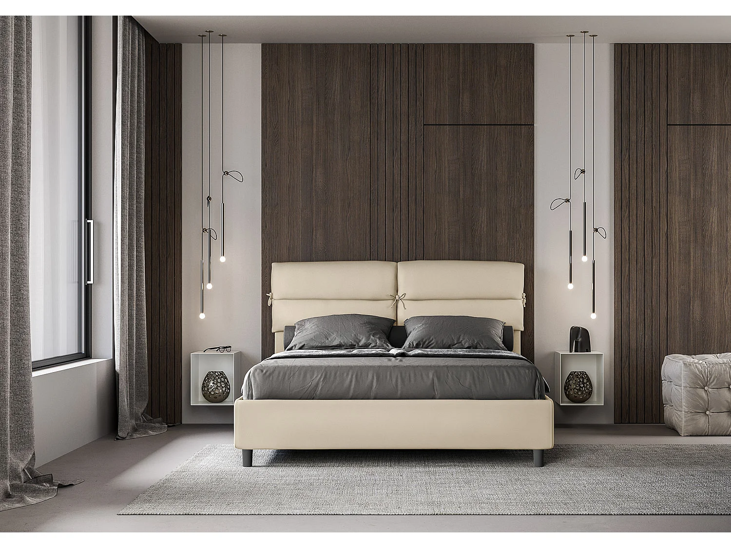 Cama contenedor doble tapizada 160x210 Nandy símil piel gris tórtola