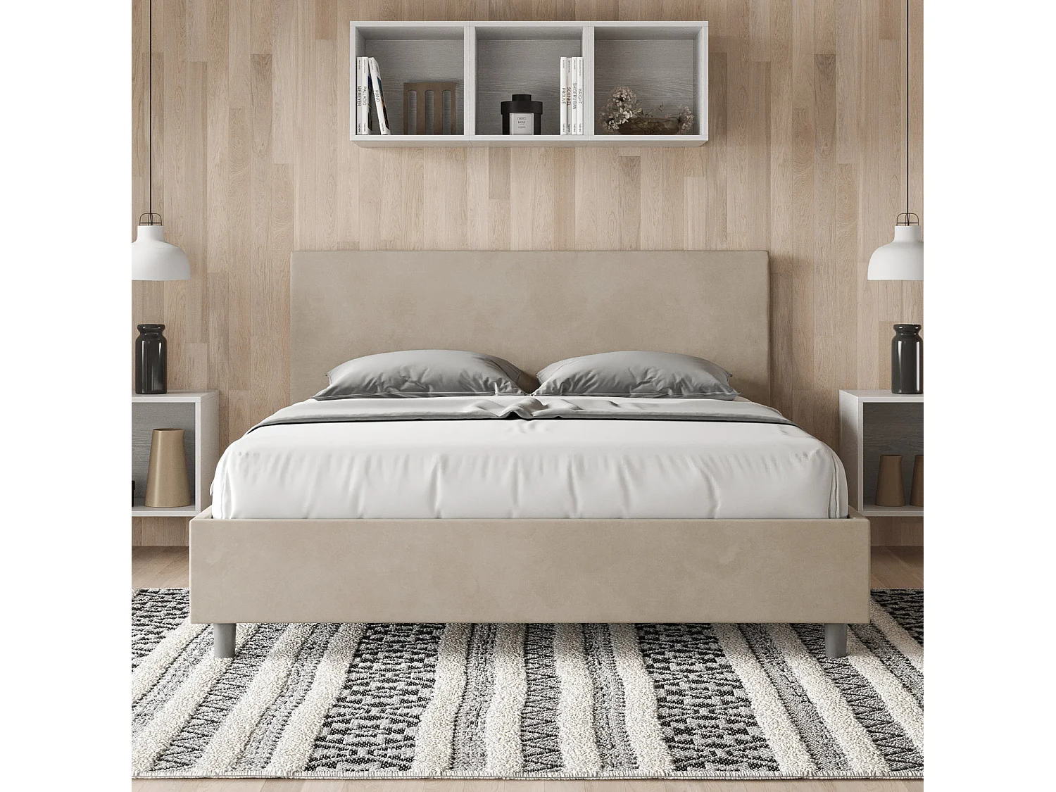 Cama dupla elevada de armazenamento acolchoada 160x200 microfibra areia Adele