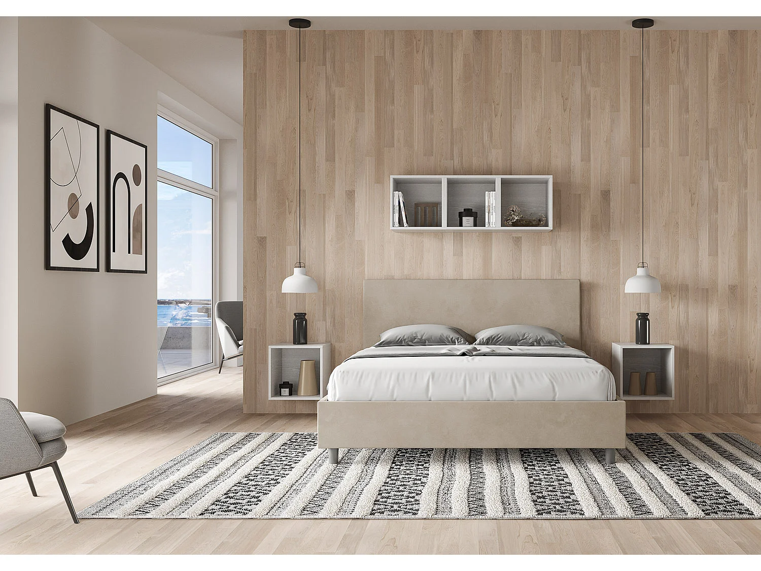 Cama dupla elevada de armazenamento acolchoada 160x200 microfibra areia Adele