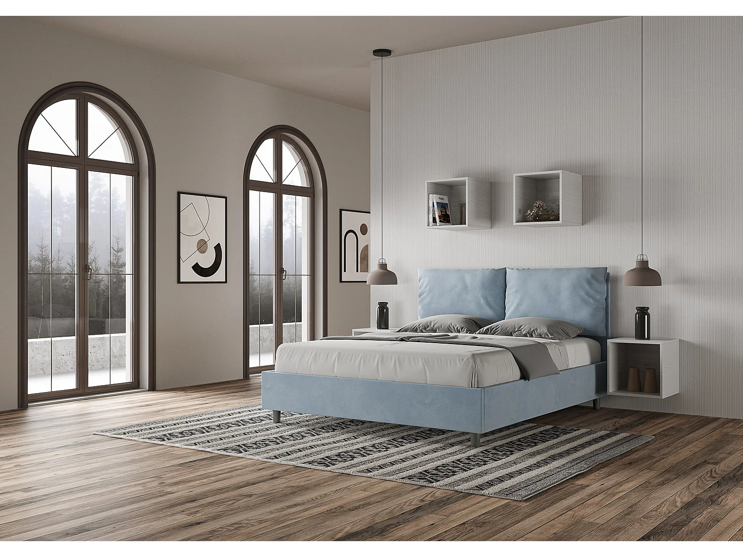 Letto contenitore doppia alzata imbottito 160x210 microfibra azzurro Antea